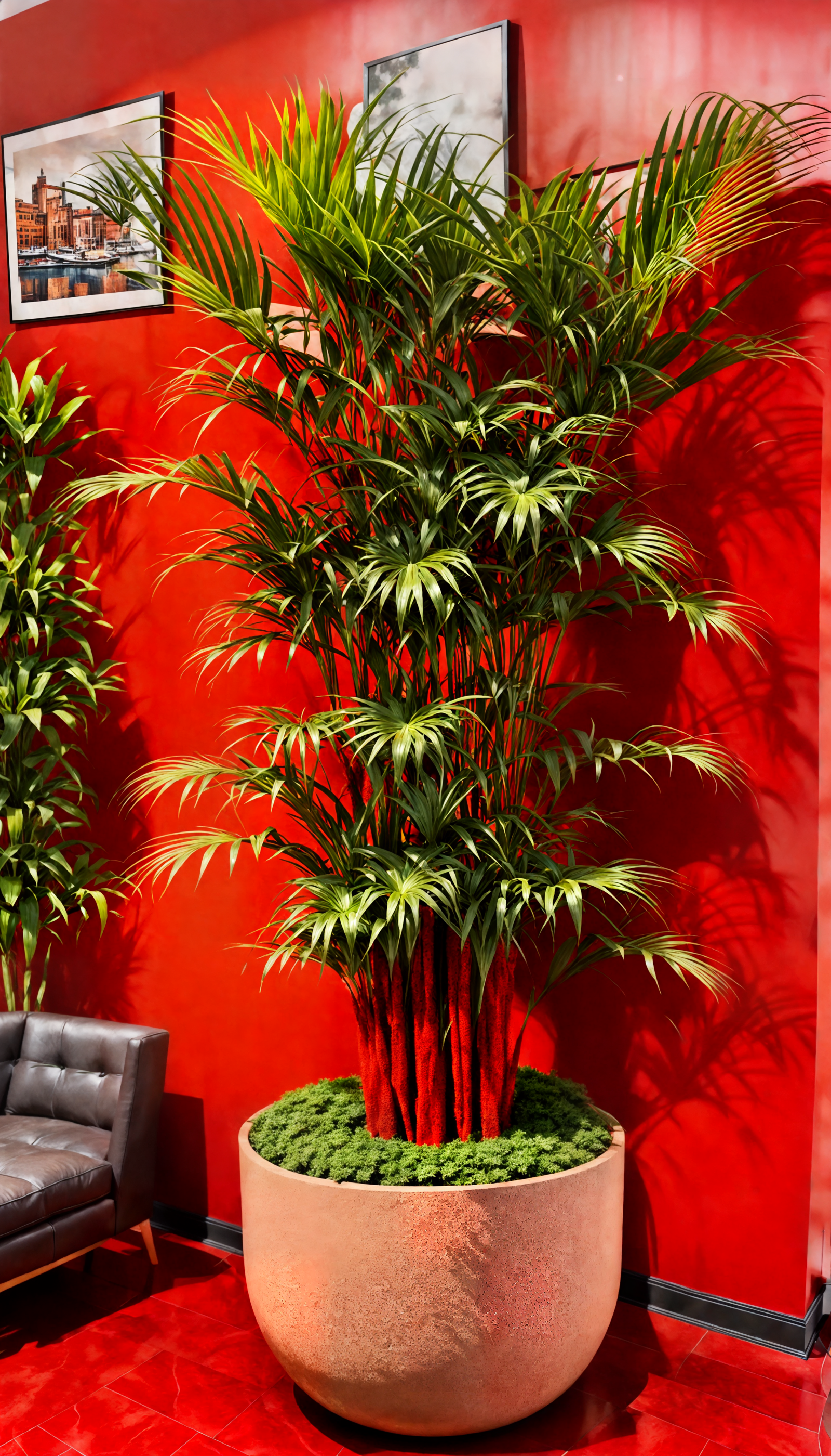 Dypsis lutescens in a large pot, against red walls and floor with clear, neutral lighting.