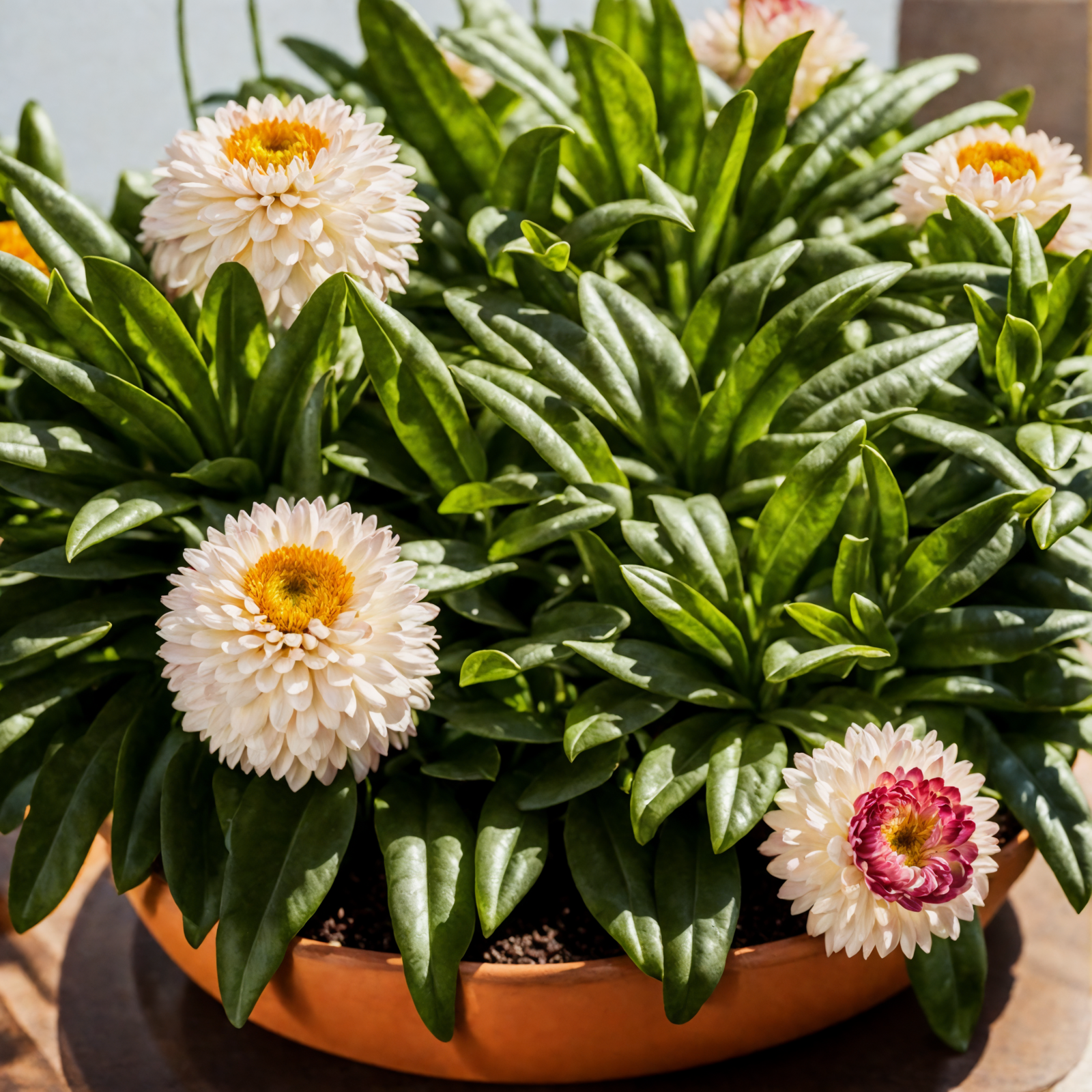 White Xerochrysum bracteatum flowers in a pot, with foliage in soft indoor light.