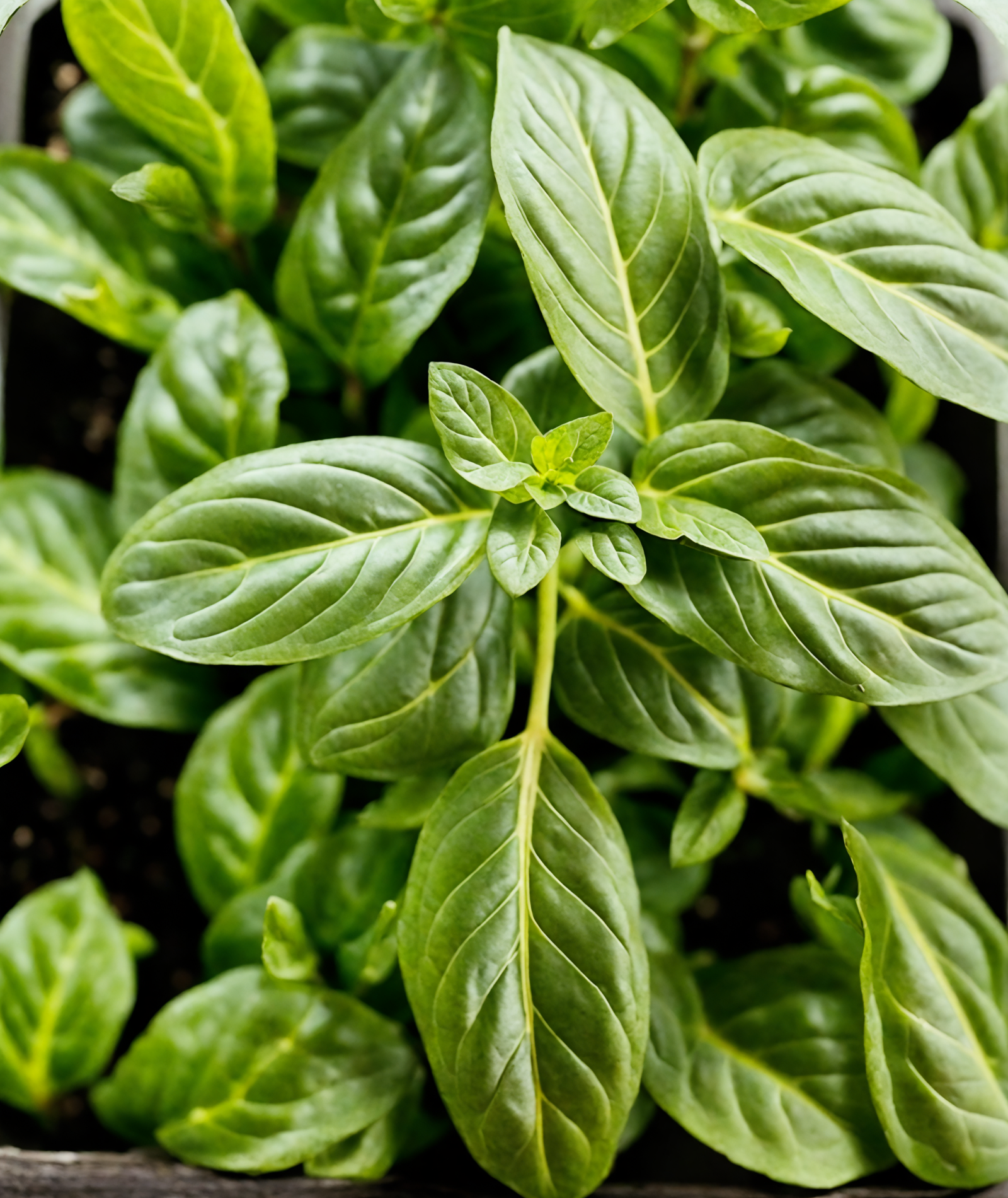 Potted Ocimum basilicum (basil) with vibrant leaves, clear lighting, against a dark background.