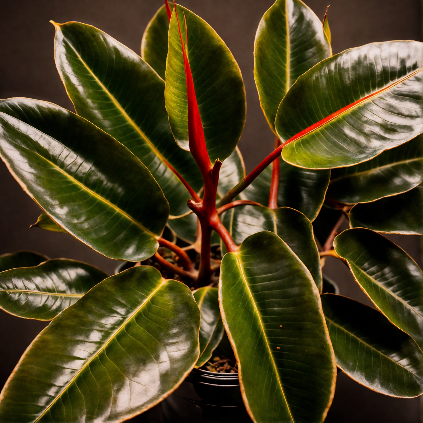 Ficus elastica in a planter, with glossy leaves, against a dark background, in clear, neutral-lit indoor setting.