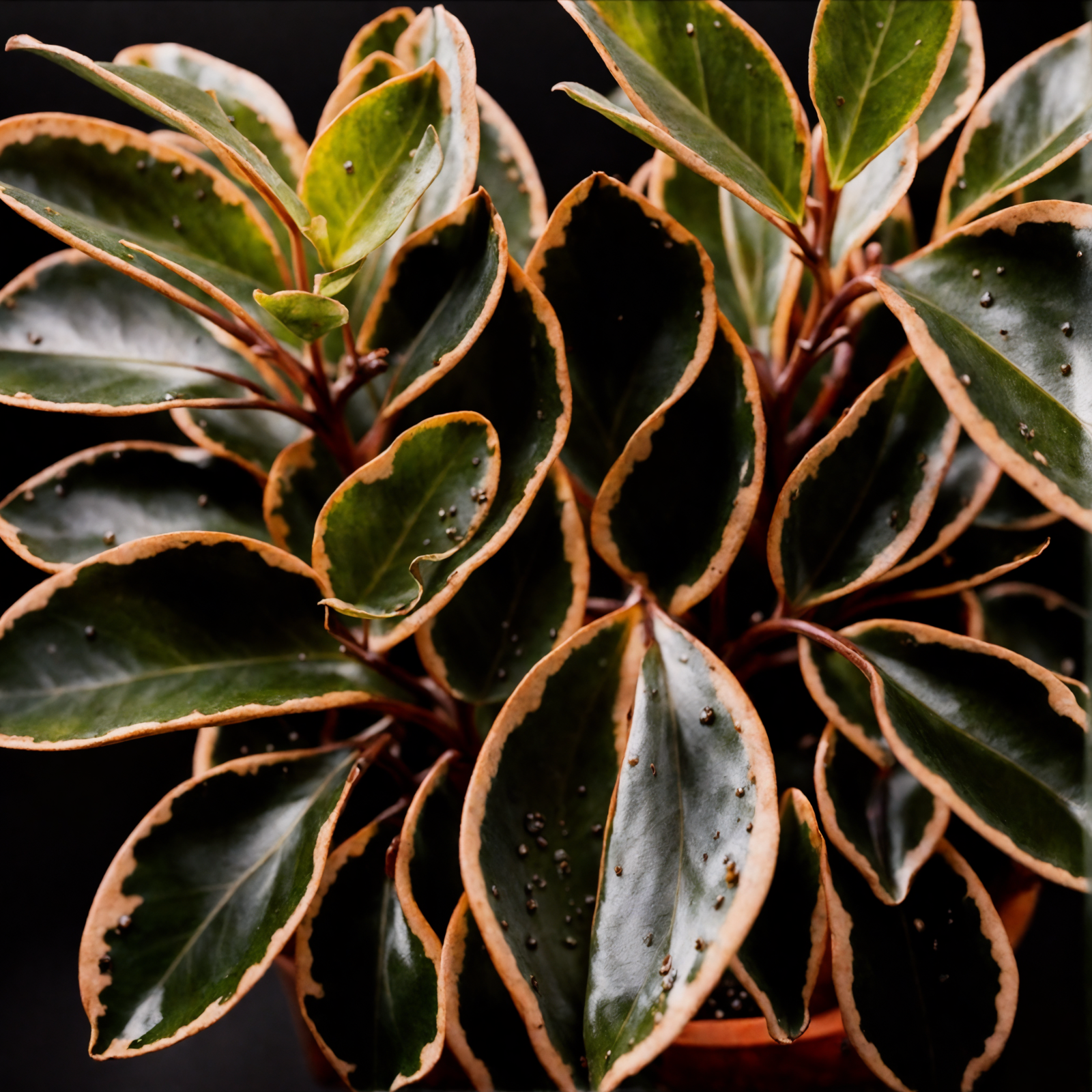 Peperomia clusiifolia with lush leaves in a pot, clear indoor lighting, against a dark background.