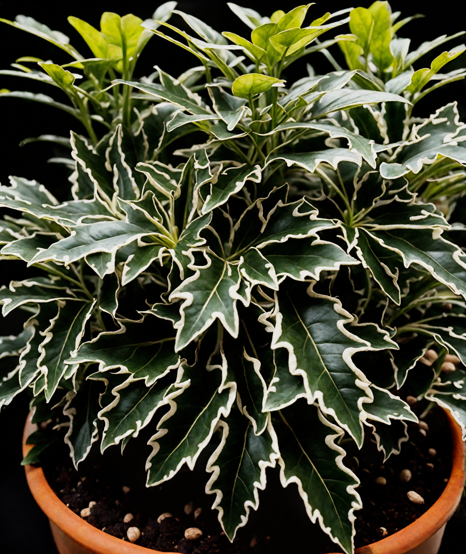 Plerandra elegantissima in a bowl planter, with its lush leaves against a dark background, well-lit and detailed.