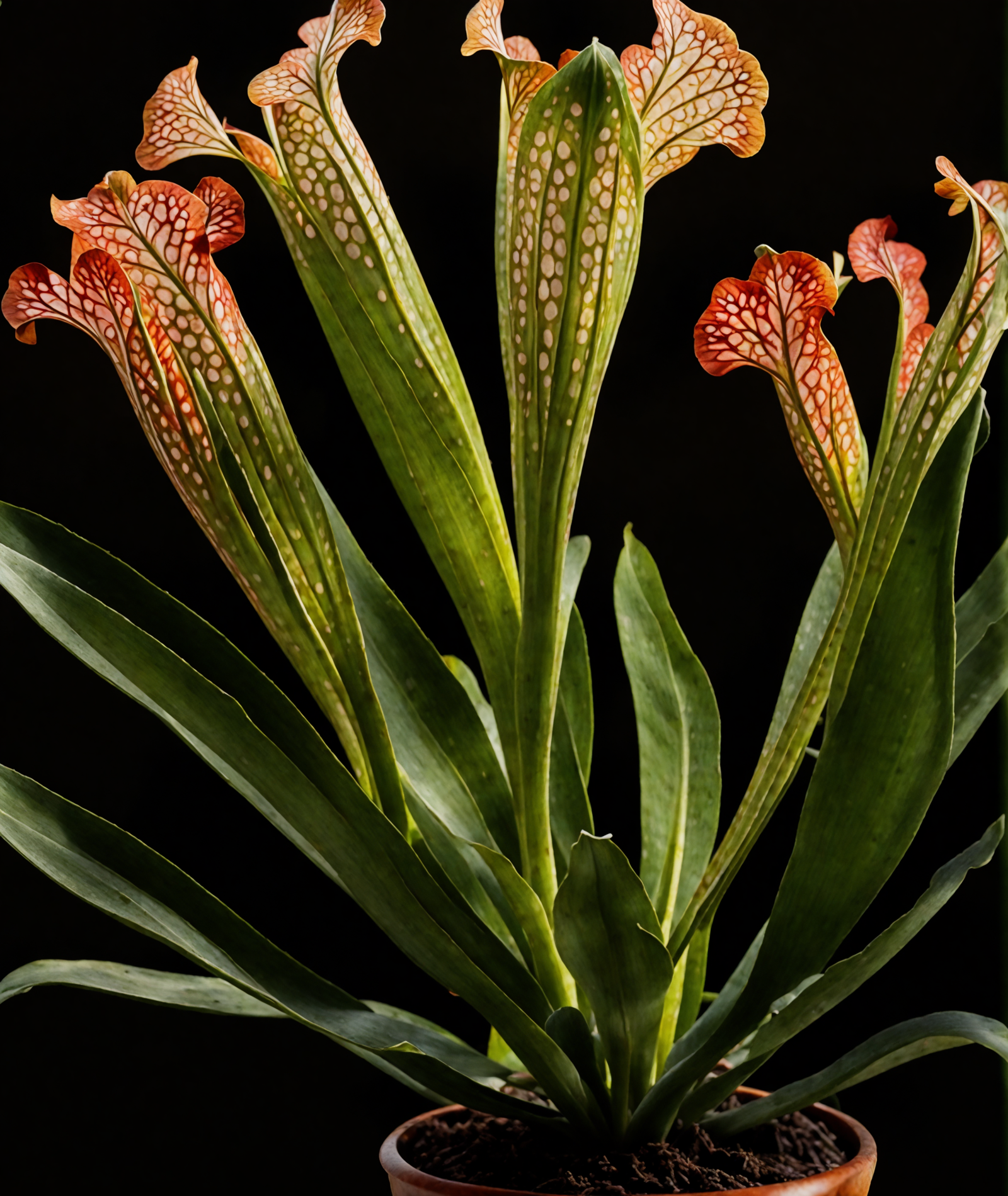 Three Sarracenia leucophylla flowers in a bowl, with clear lighting and a dark background.