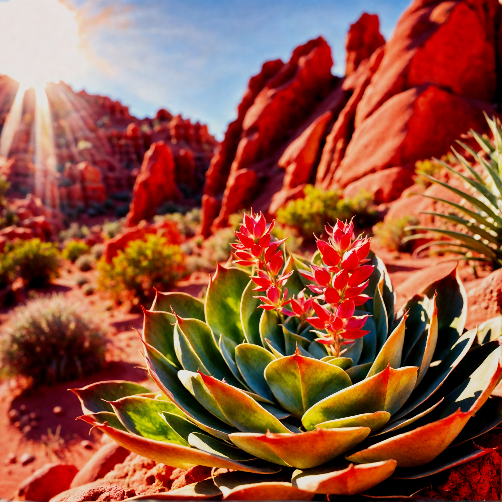 Echeveria secunda amidst desert flora, bright sunlight, with red rock mountains in the background.