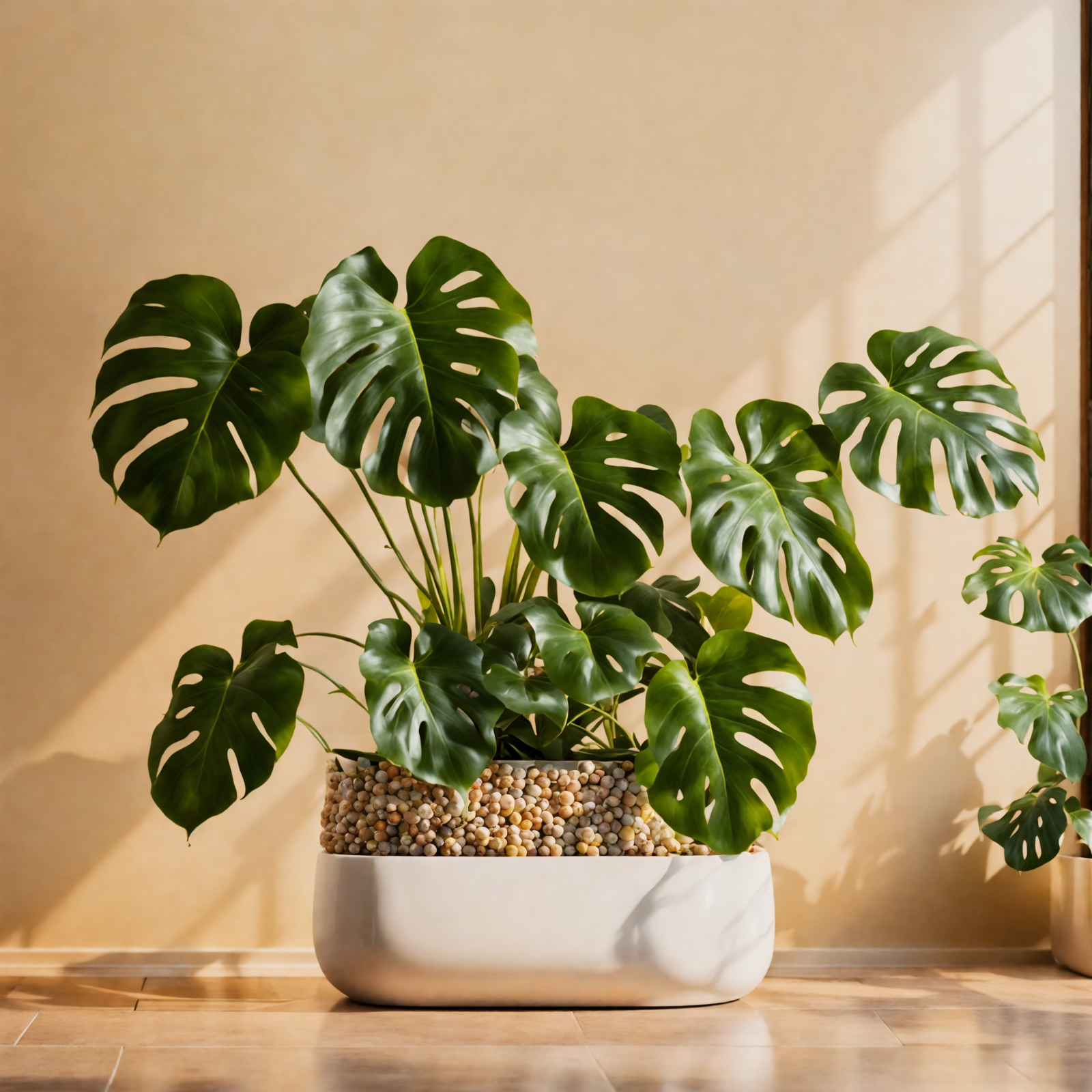 Monstera deliciosa in a planter on a counter, with clear lighting and neutral decor.