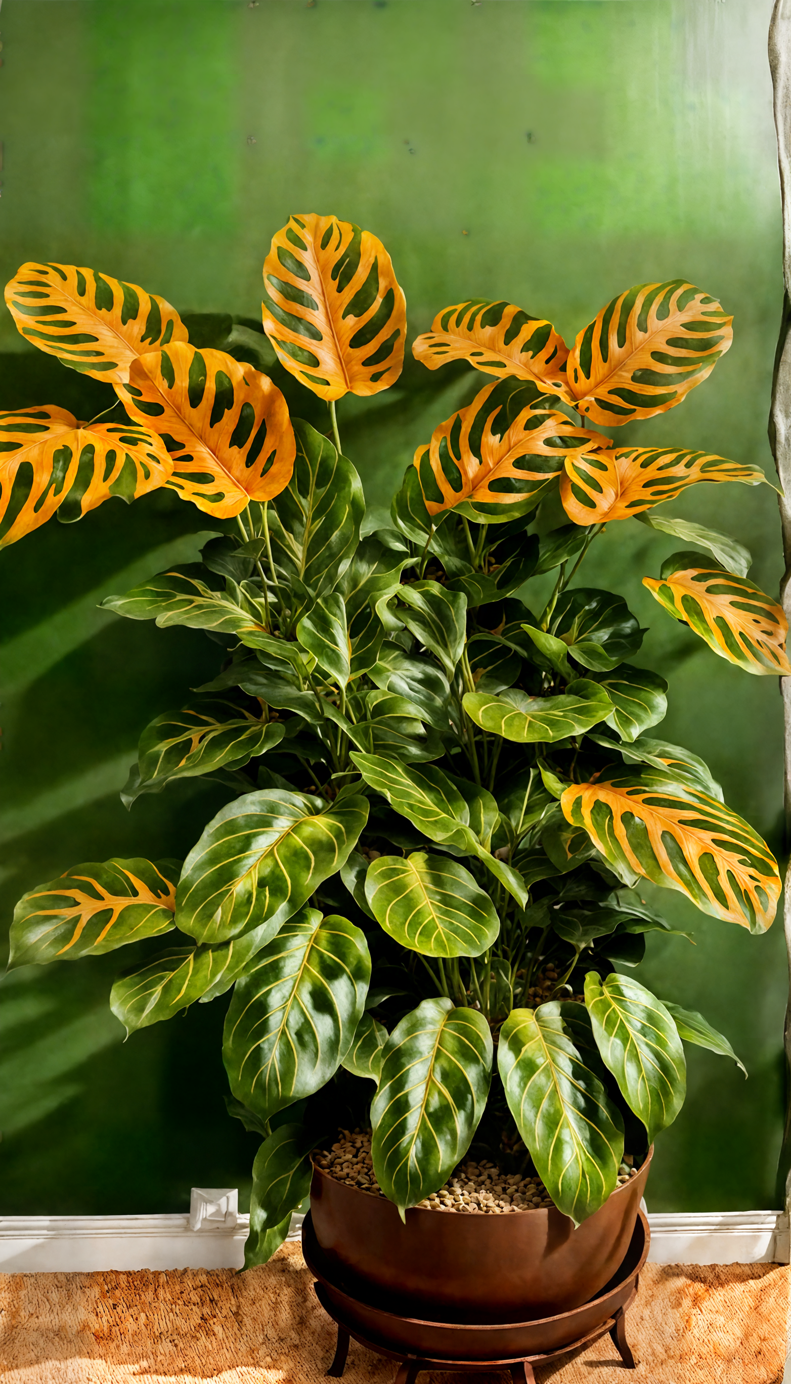 Maranta leuconeura with vibrant leaves in a rustic planter, indoor setting with neutral decor.