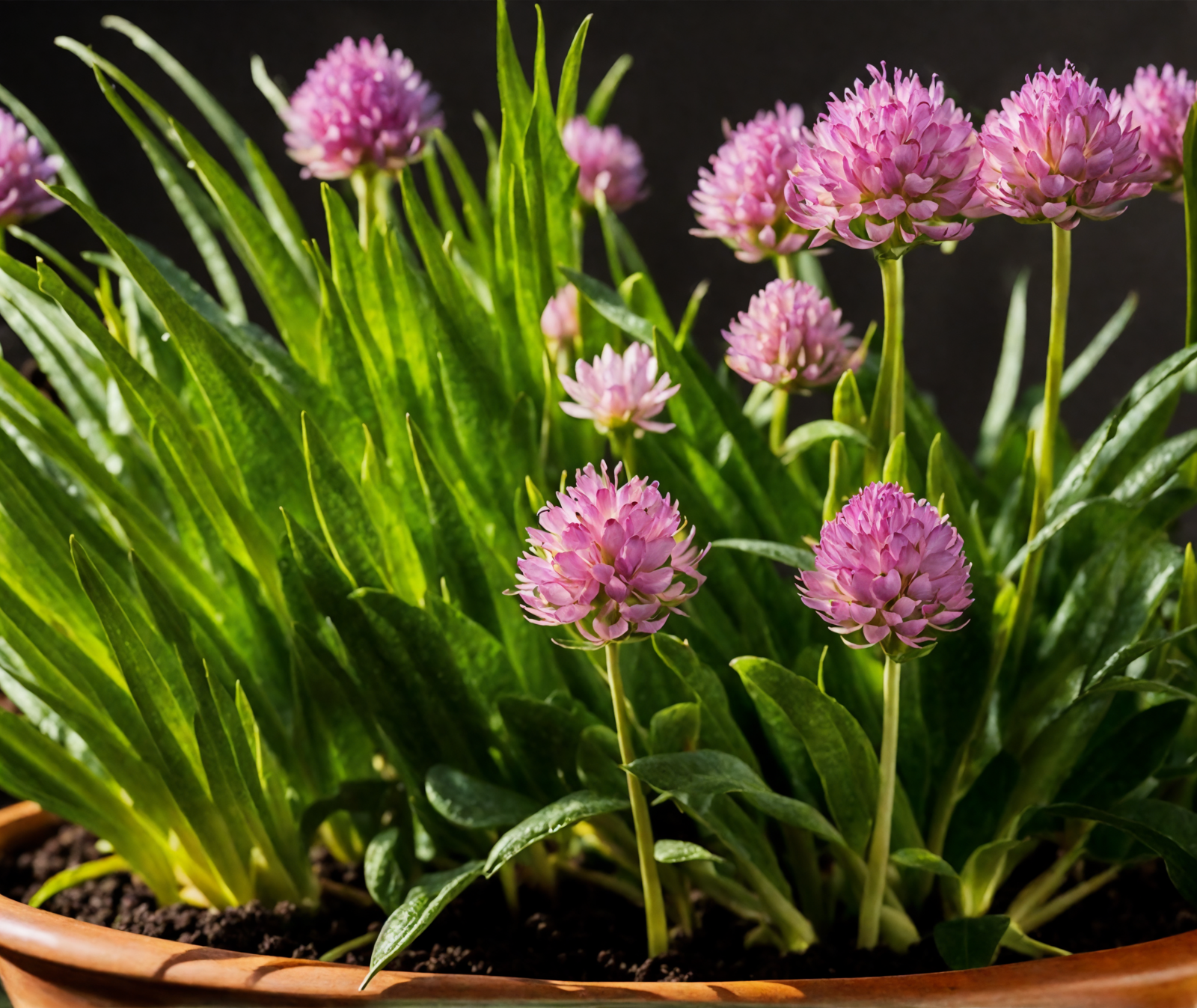 A cluster of Allium schoenoprasum (chives) with pink blooms in a basket, clear lighting, against a dark background.