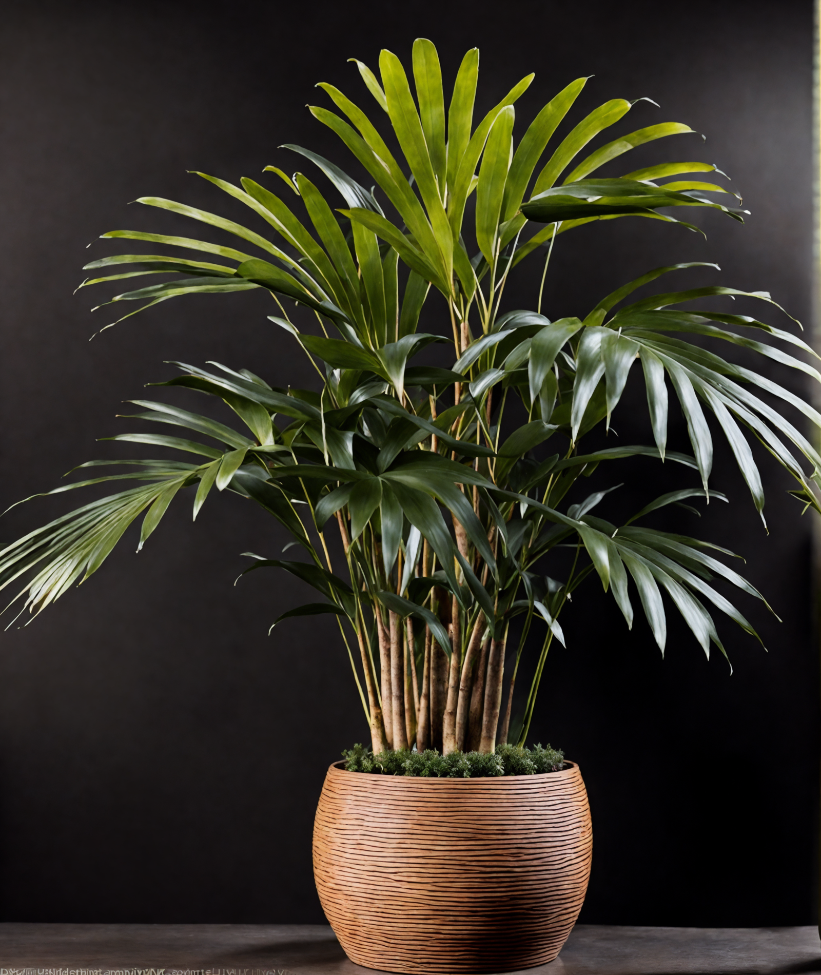 Howea forsteriana in a brown vase on a table, with clear lighting and a dark background.
