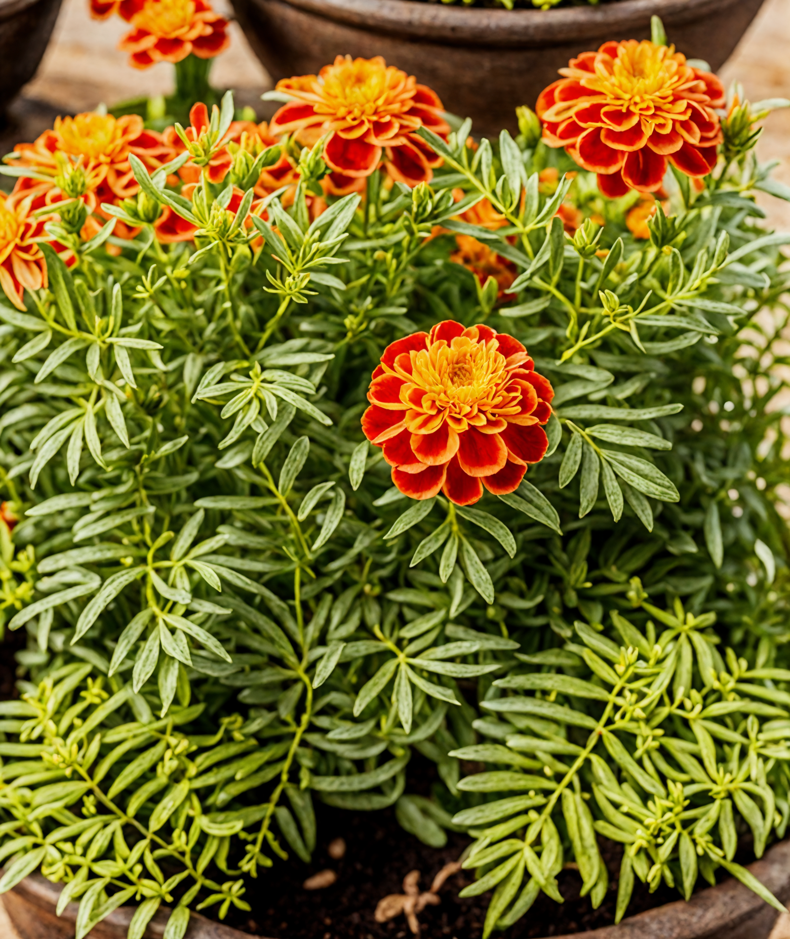 A bowl of vibrant Tagetes erecta flowers in red and orange hues, with clear lighting against a dark background.