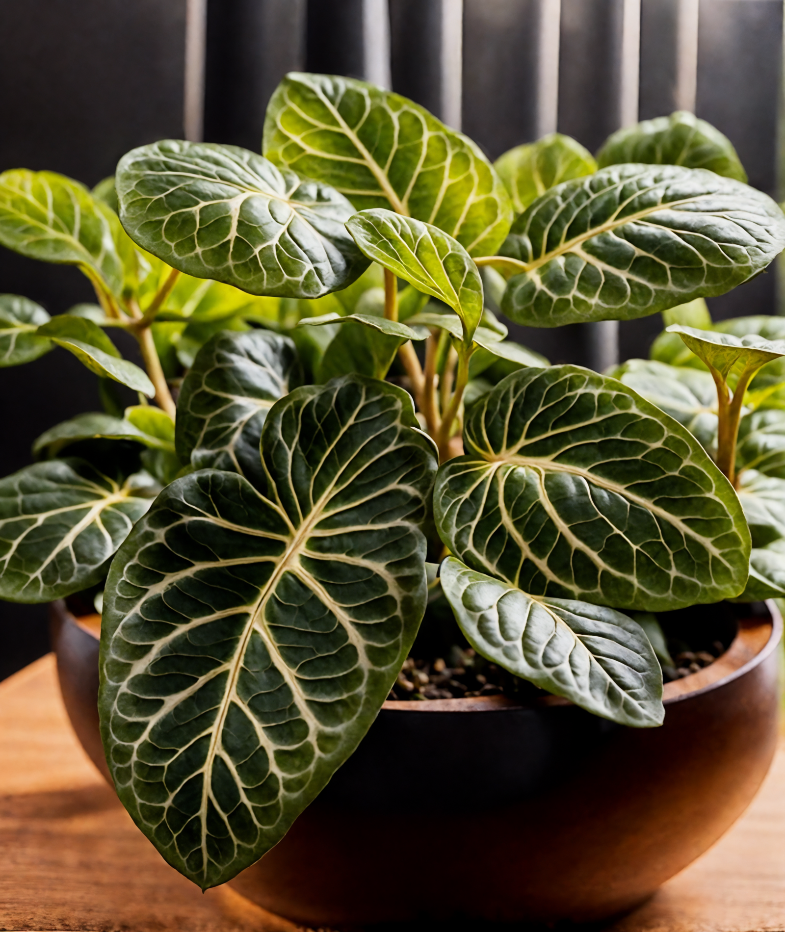 Fittonia albivenis, with veined leaves, in a bowl planter on a wooden surface, clear lighting, dark background.