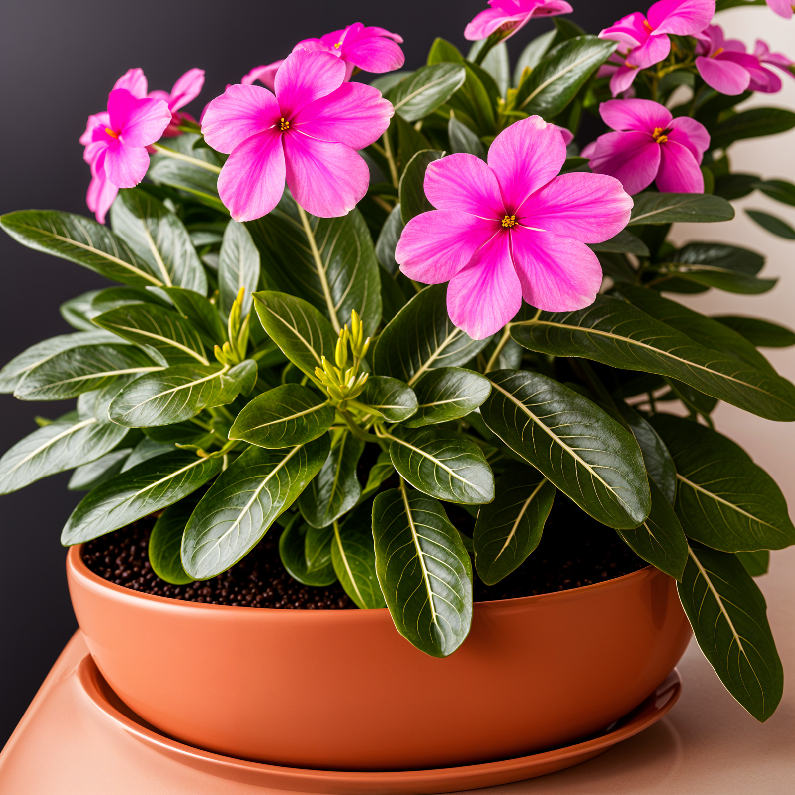 Catharanthus roseus plant in a planter, with a blooming flower, under clear indoor lighting.