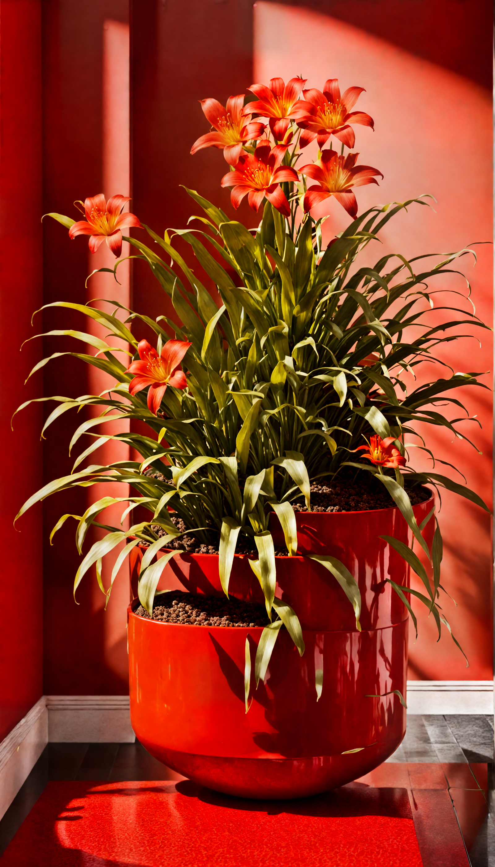 Hemerocallis fulva, vibrant red flowers in a brown bowl, on licorice floor with industrial decor.
