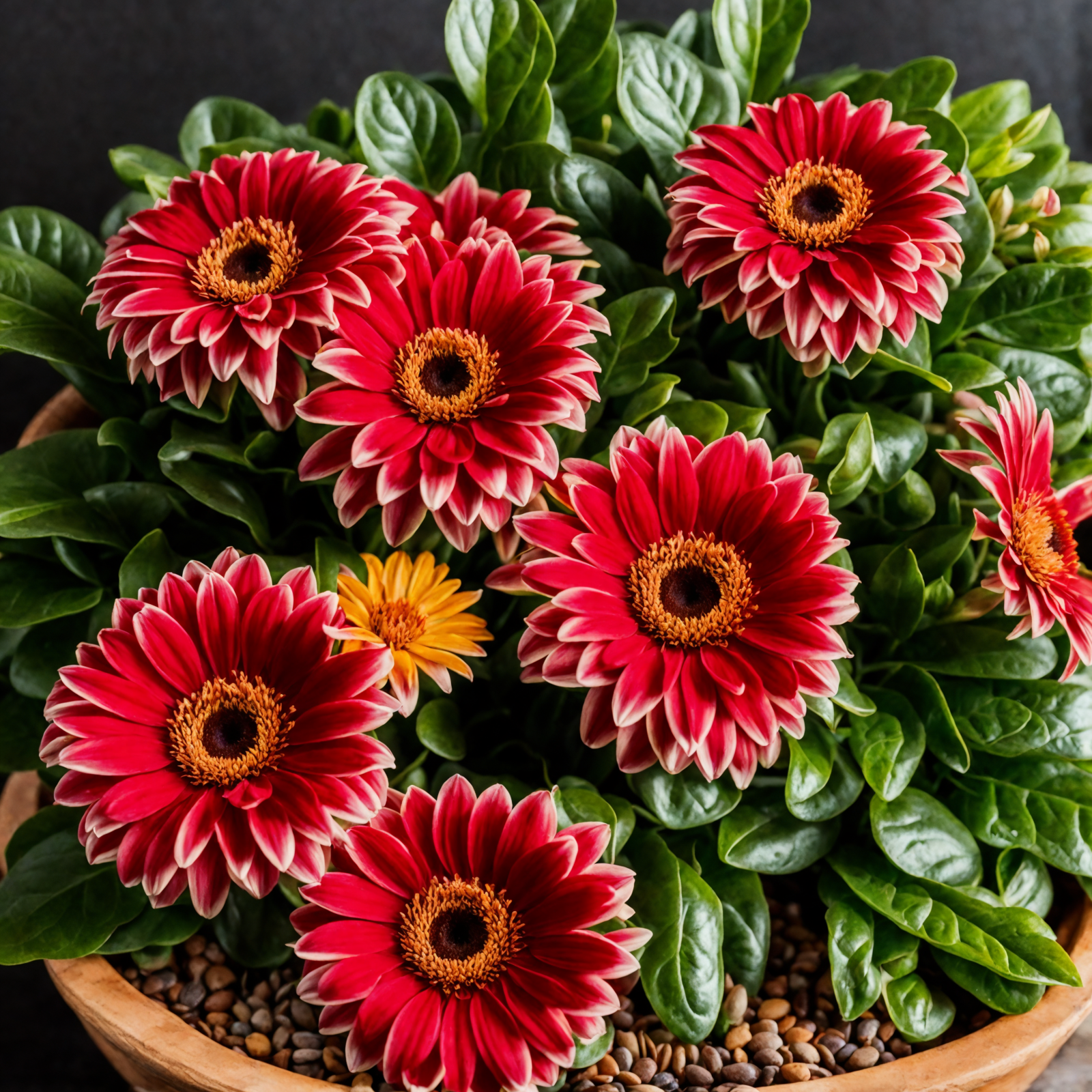 A vibrant Gerbera jamesonii with red blooms in a wooden bowl, clear indoor lighting, against a dark background.