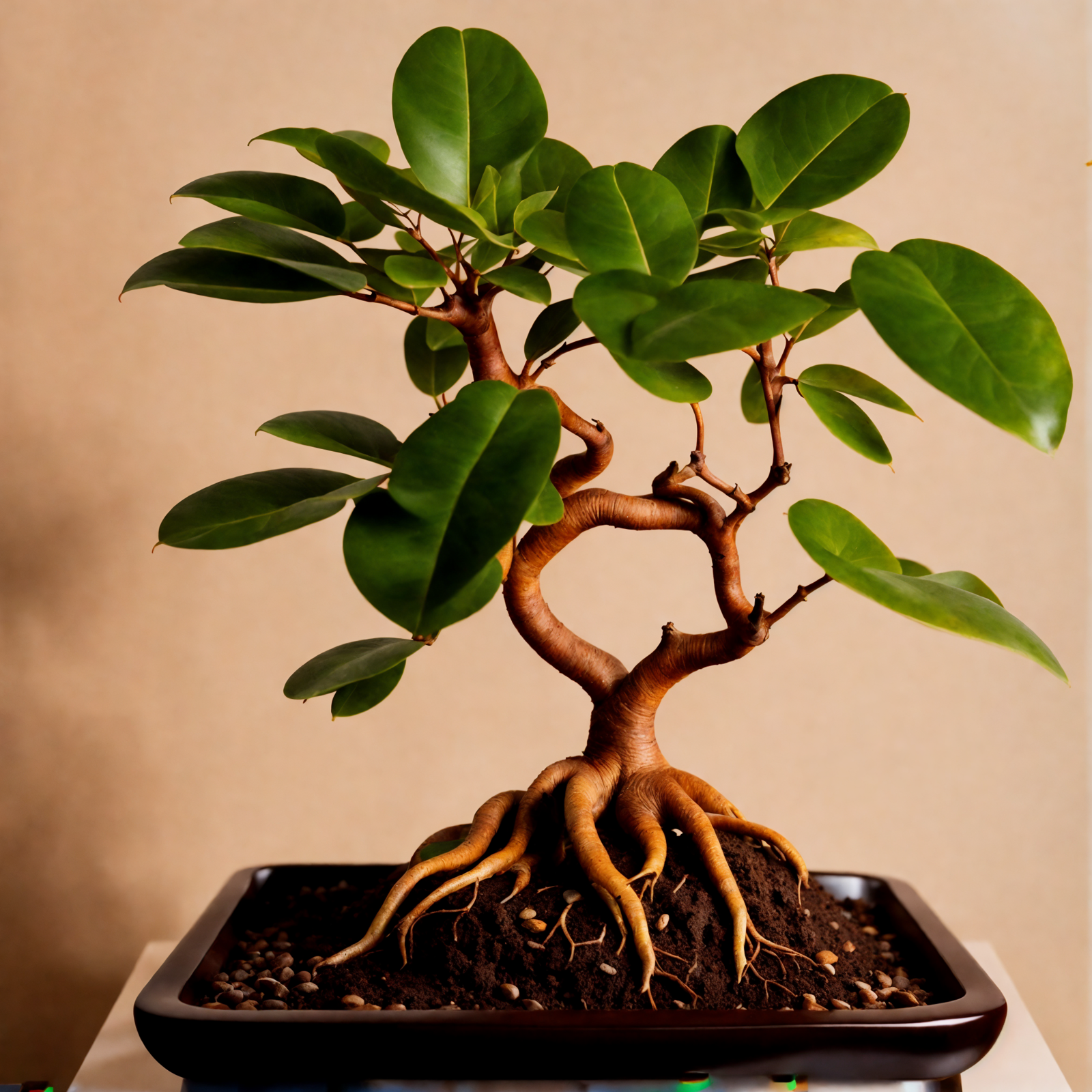 Ficus microcarpa bonsai in a bowl planter, with clear lighting and a dark background, indoors.