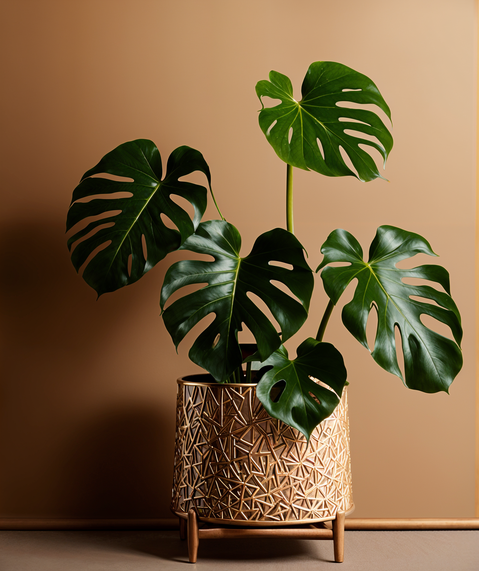 Highly detailed Monstera deliciosa plant in a planter, with clear lighting and a dark background.