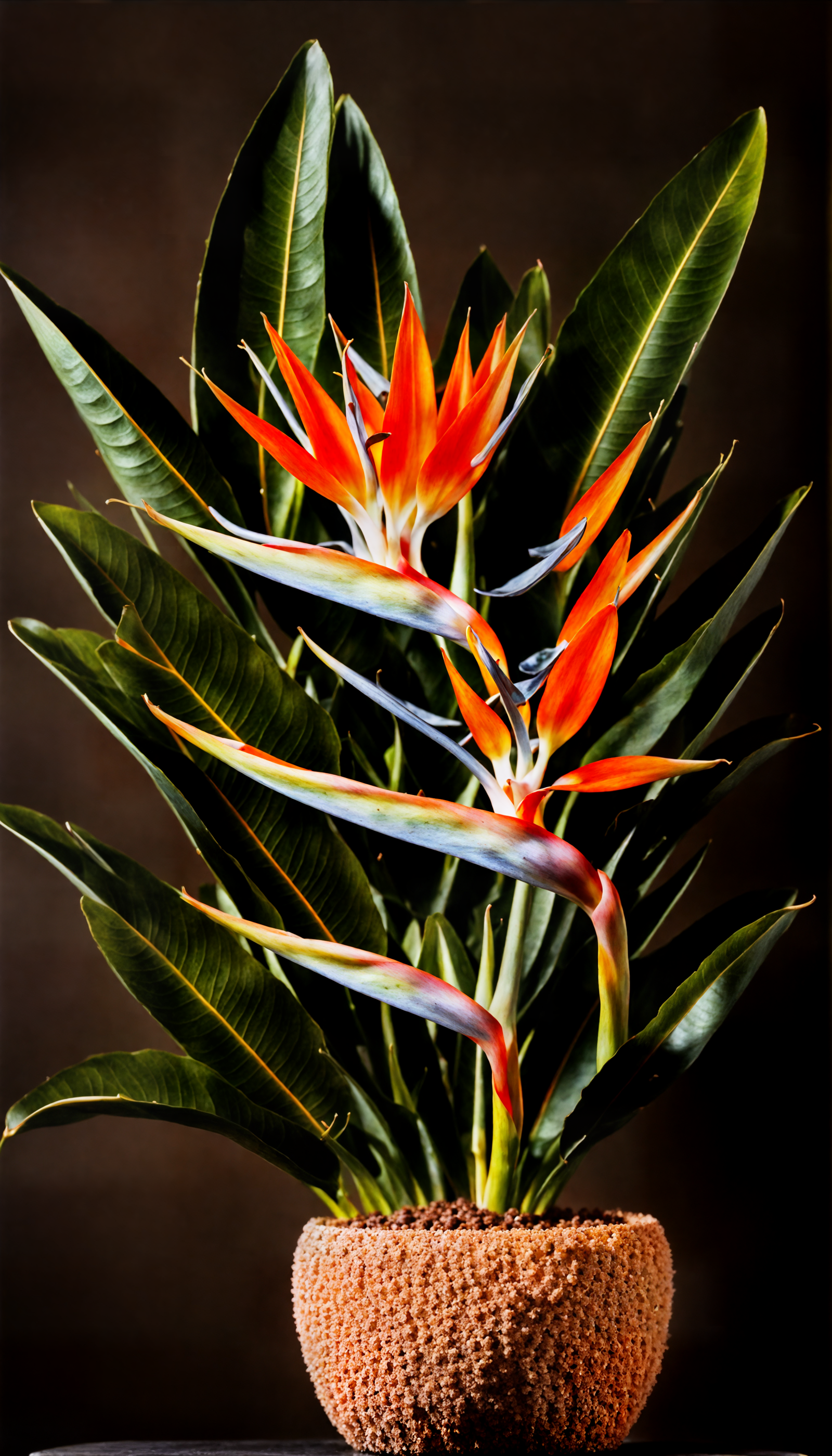Strelitzia reginae with vibrant red flowers in a planter, clear lighting against a dark background.