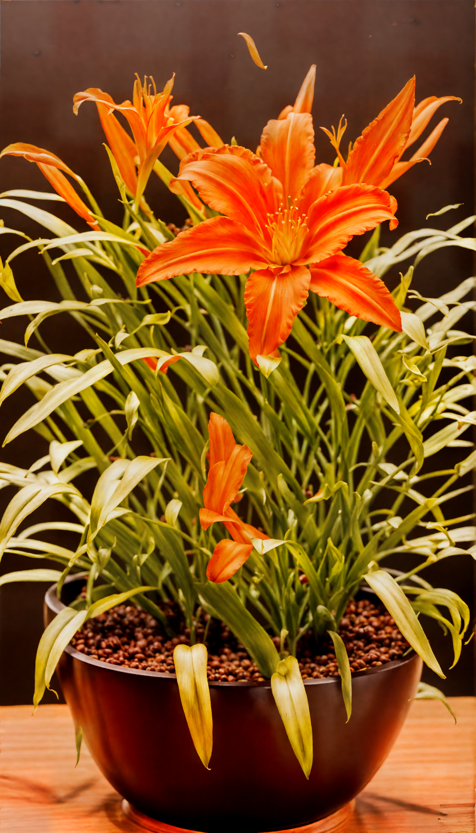 A bowl of Hemerocallis fulva (orange daylilies) on a wooden table, with clear lighting and a dark background.