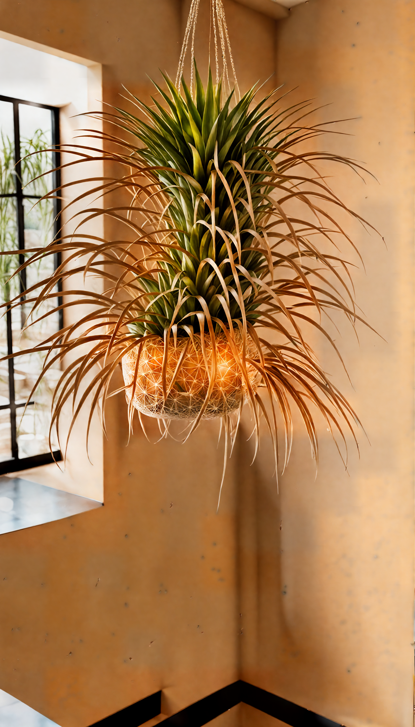 Tillandsia ionantha clump beside a potted plant, clear indoor lighting, detailed leaves, neutral room decor.