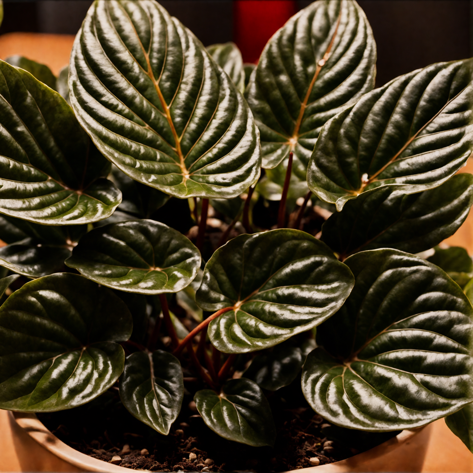 Peperomia caperata with textured leaves in a bowl planter, clear indoor lighting, against a dark background.
