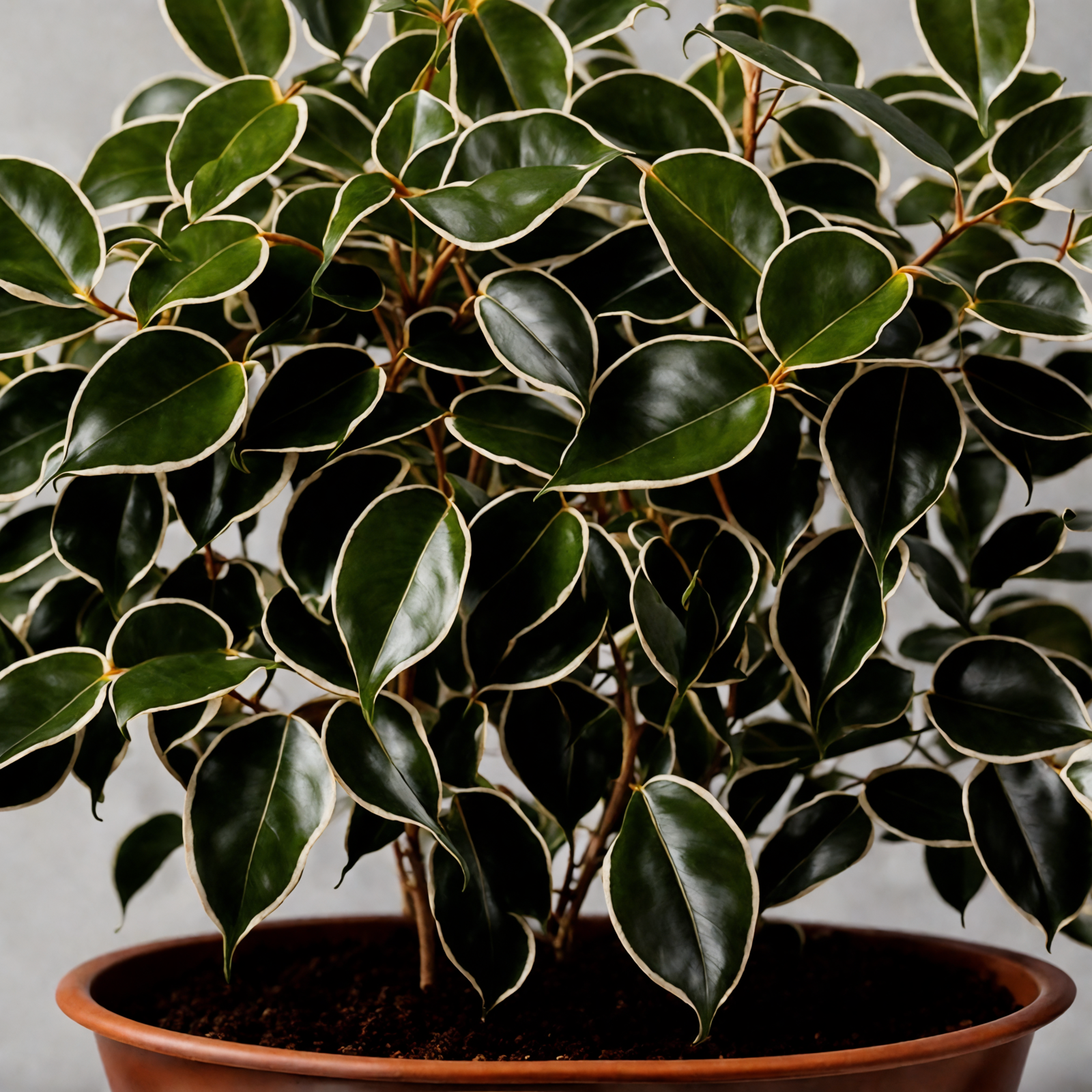 Ficus benjamina in a pot on the floor, with lush green leaves, clear lighting, against a dark background.