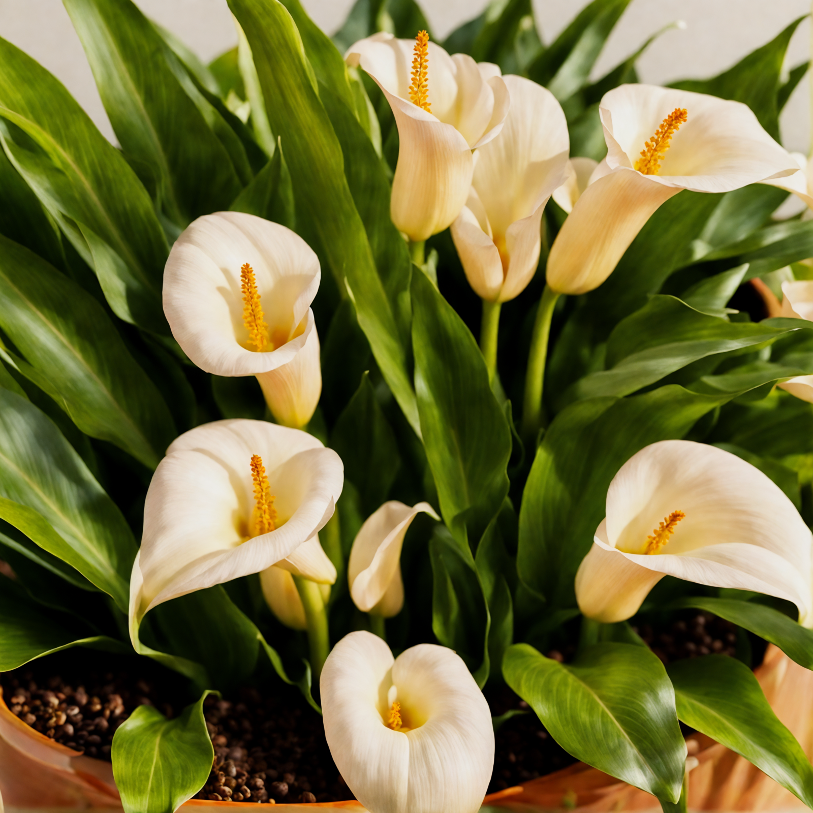 A cluster of Zantedeschia aethiopica, with white spathes and yellow spadices, in an indoor planter.