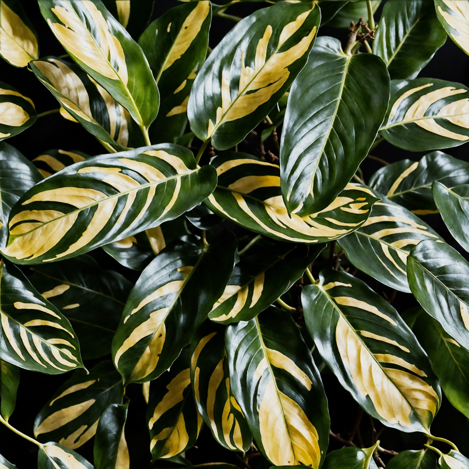 Ctenanthe lubbersiana with variegated leaves in a planter, clear lighting, against a dark background.