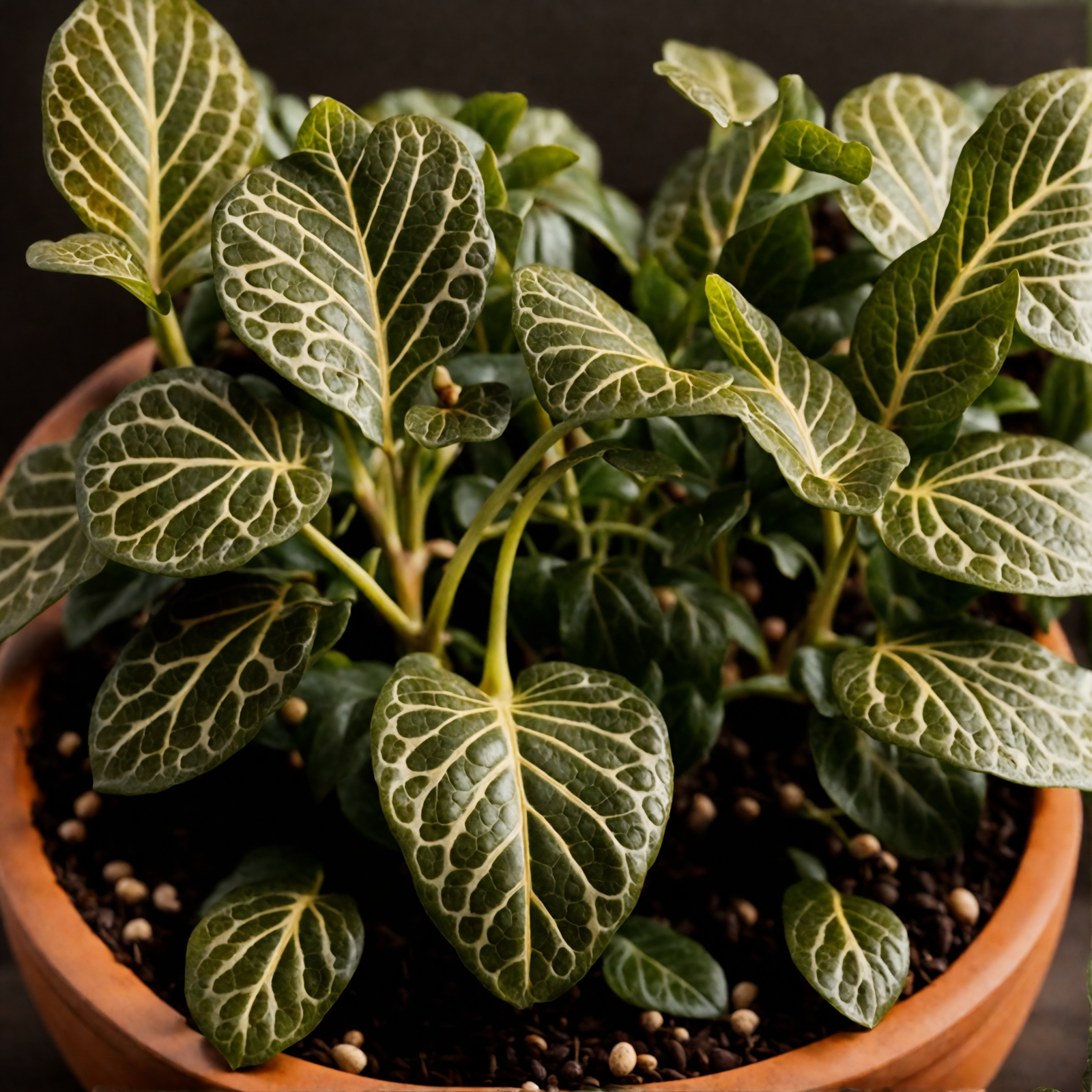 Fittonia albivenis in a bowl planter, with vibrant green leaves, in clear, neutral-lit indoor setting.