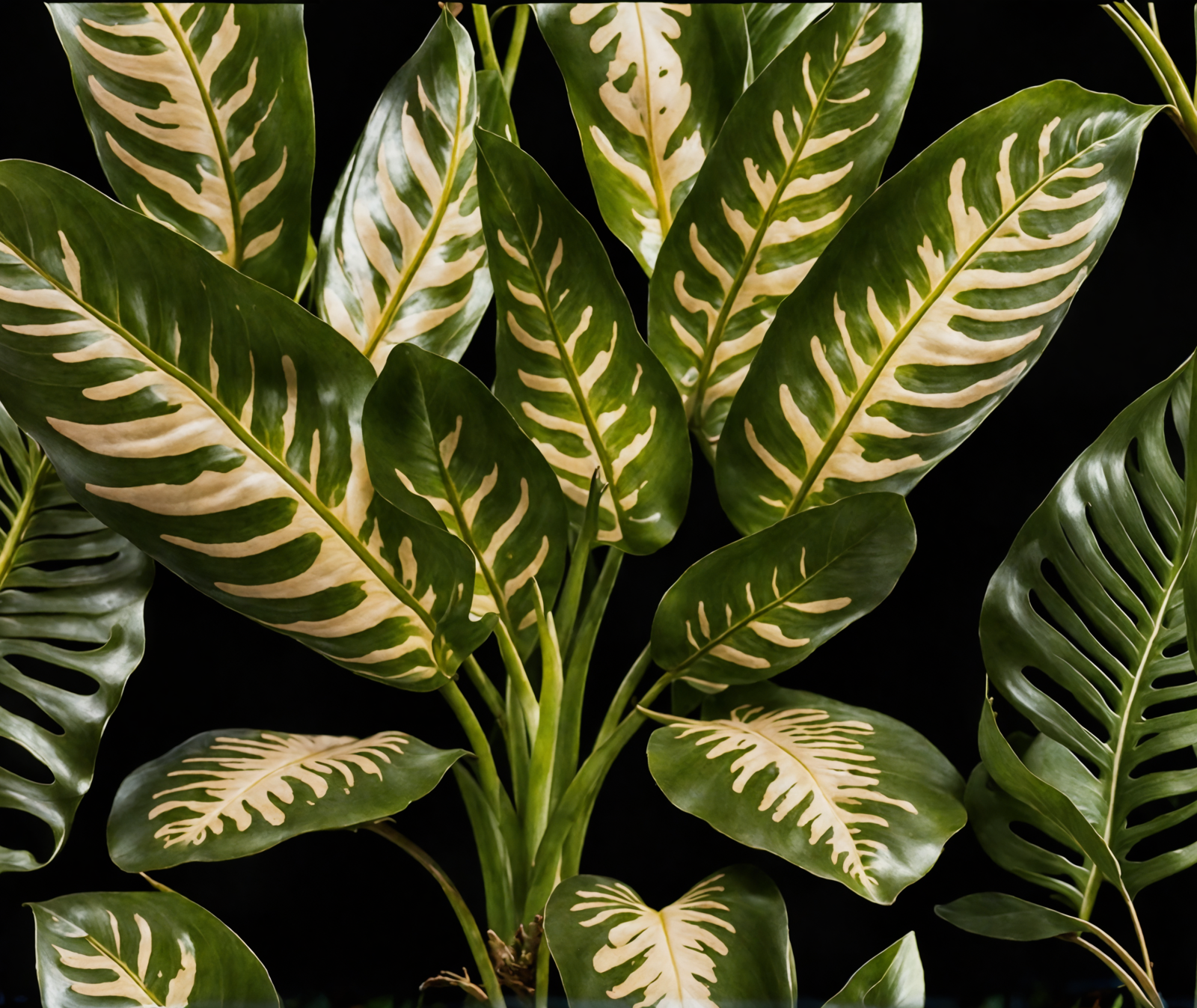 Dieffenbachia seguine in a planter, with detailed leaves, against a dark background in a well-lit room.