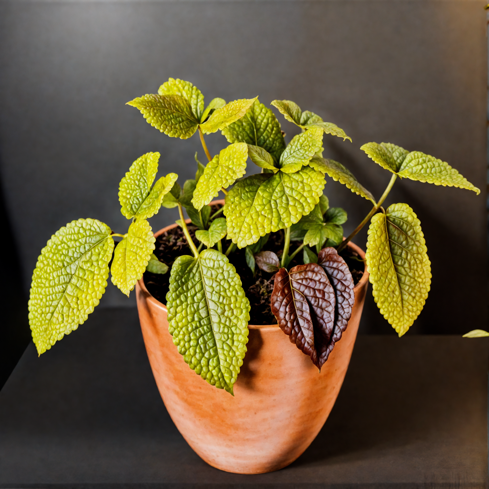 Pilea involucrata in a brown vase with two other plants on a table, clear lighting, dark background.