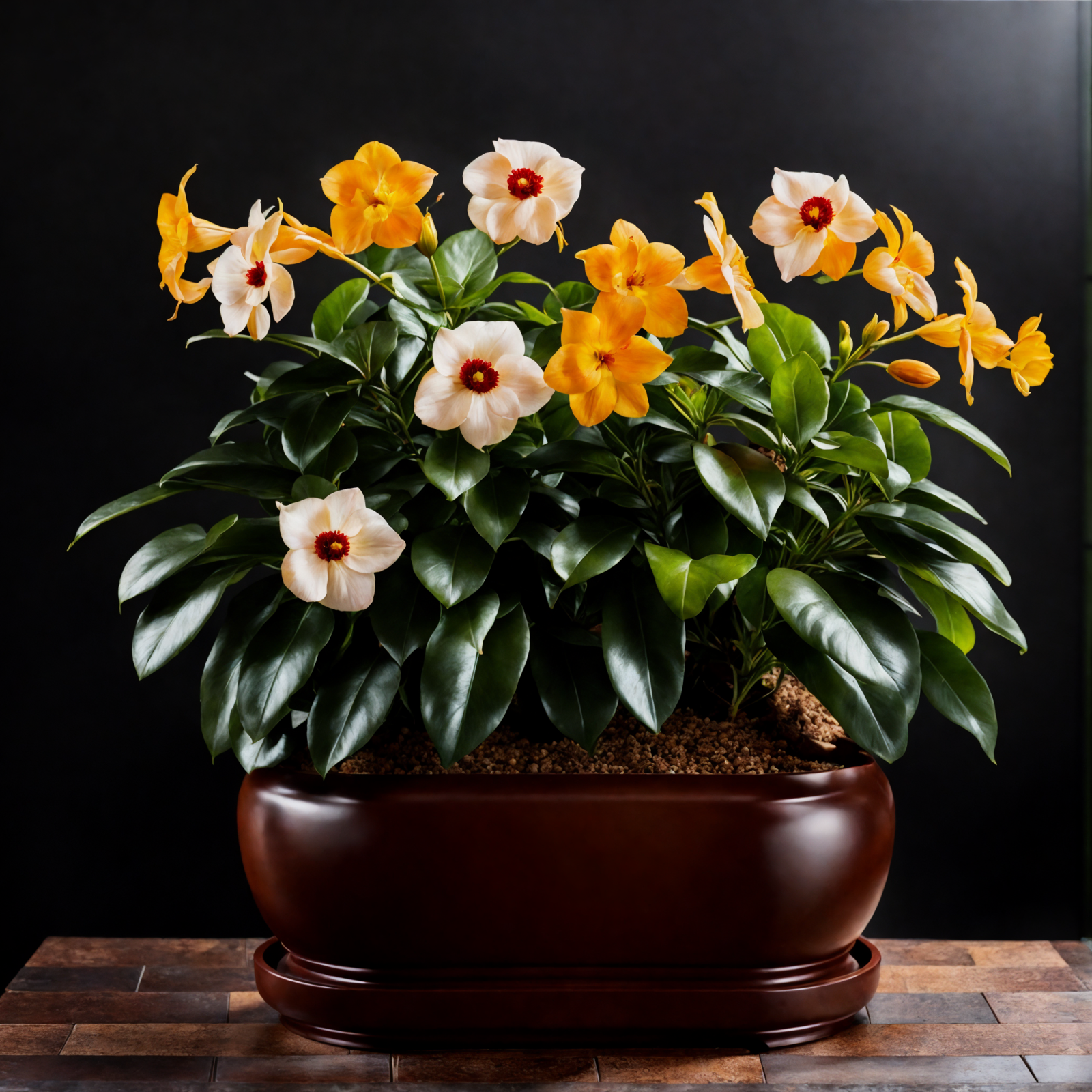Allamanda cathartica with yellow blooms in a brown vase on a wooden table, clear lighting, dark background.