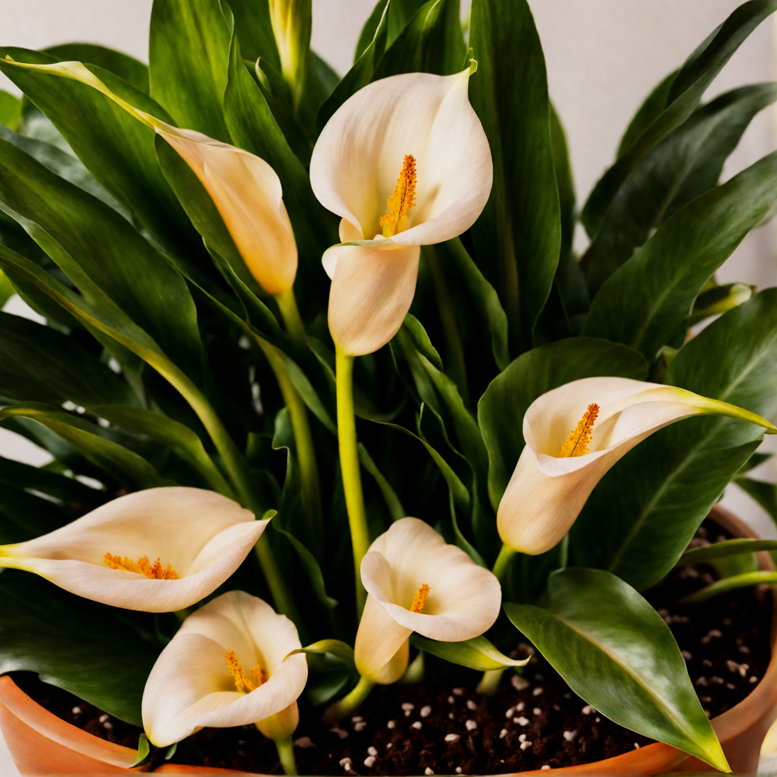 Three Zantedeschia aethiopica (calla lilies) in a bowl, with foliage backdrop, clear indoor lighting.
