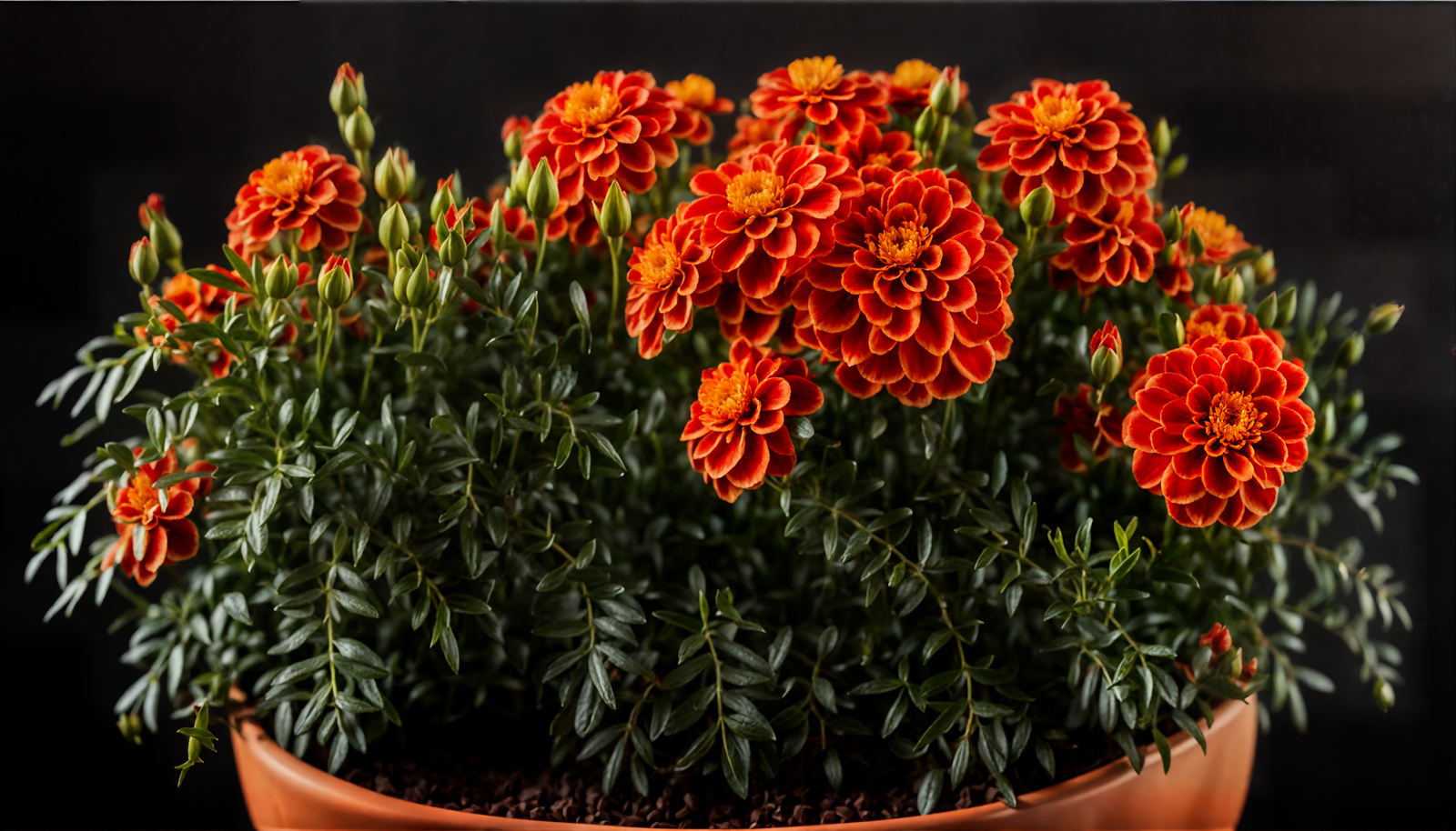 Vibrant Tagetes erecta flowers in a brown planter, with clear lighting against a dark background.