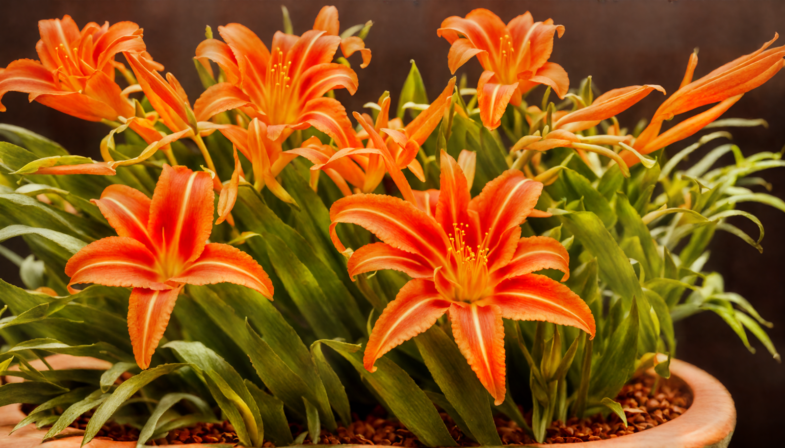 Hemerocallis fulva, or orange daylilies, arranged in a bowl as indoor decor, with clear lighting and a dark background.