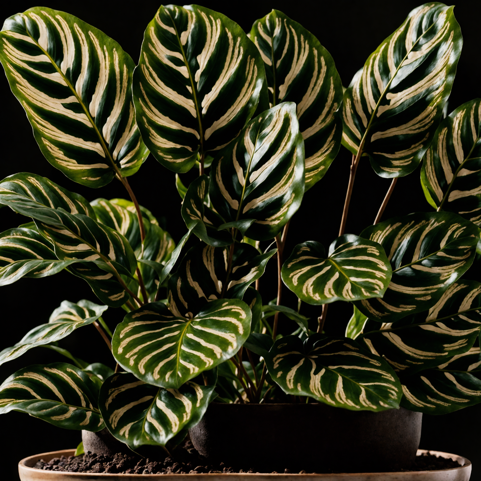 Goeppertia makoyana (prayer plant) with patterned leaves in a bowl planter, clear indoor lighting, dark background.