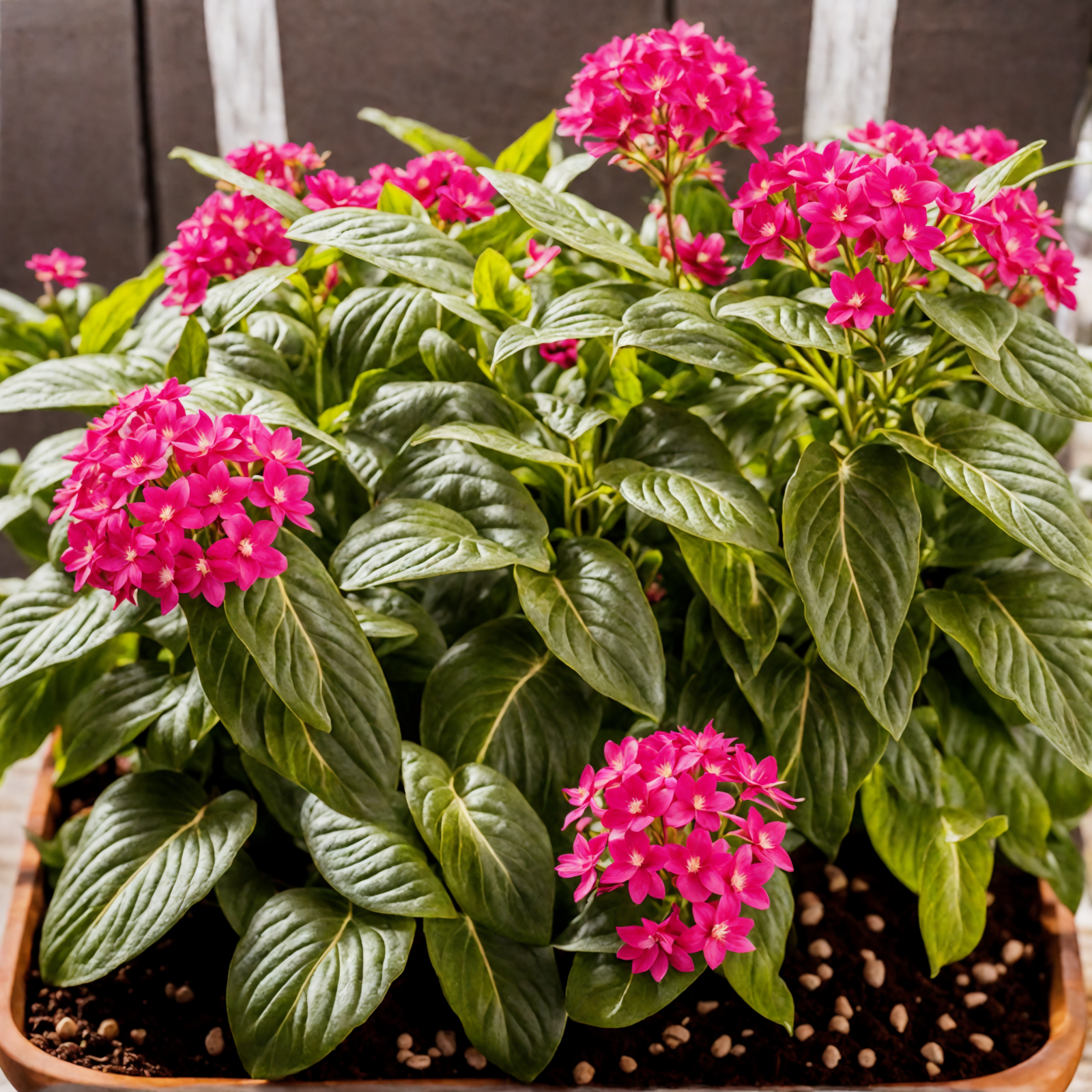 Pentas lanceolata with vibrant pink blooms in a pot, clear lighting, against a dark indoor background.