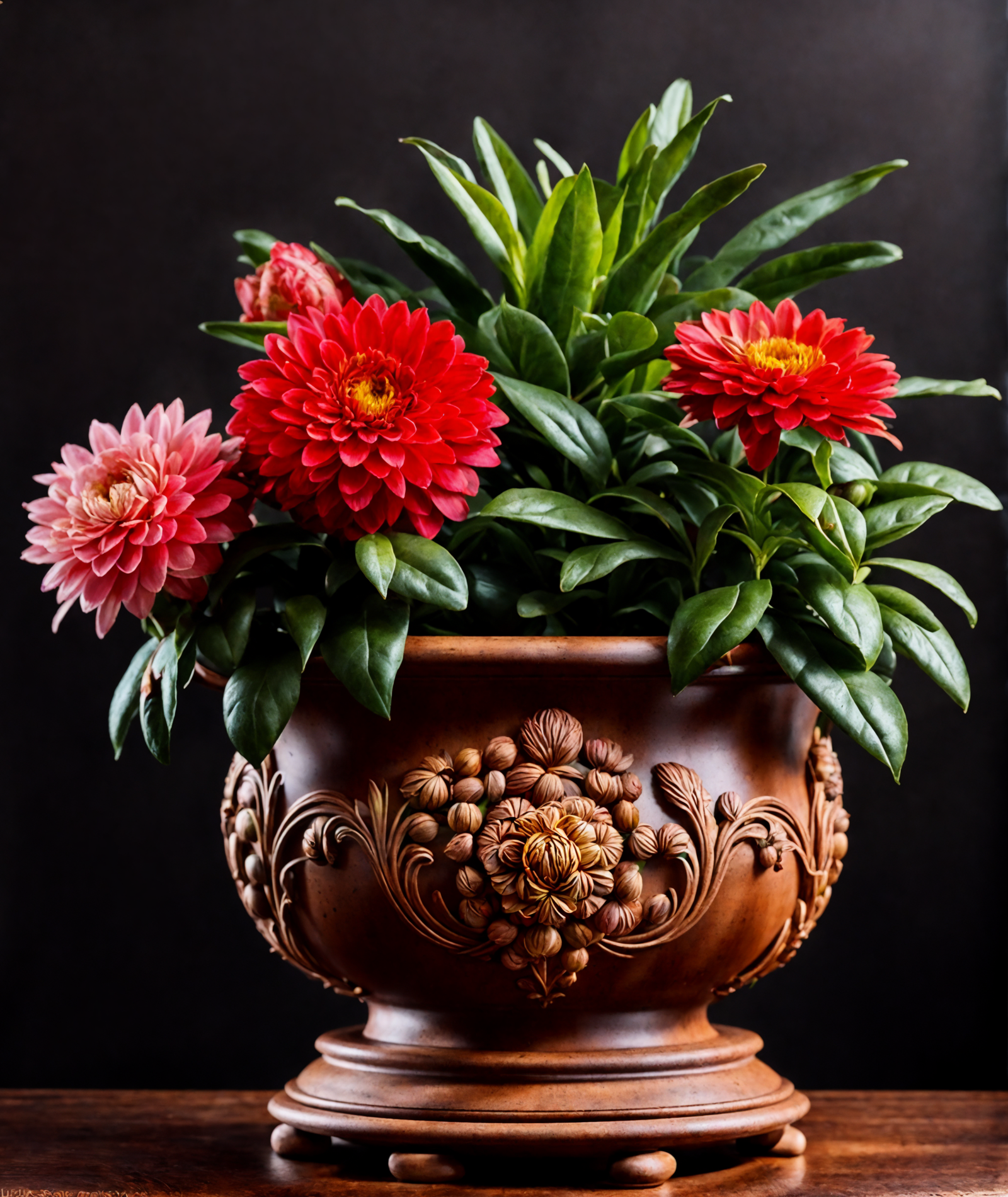 Xerochrysum bracteatum with red blooms in a brown vase on a wooden table, clear lighting, dark backdrop.