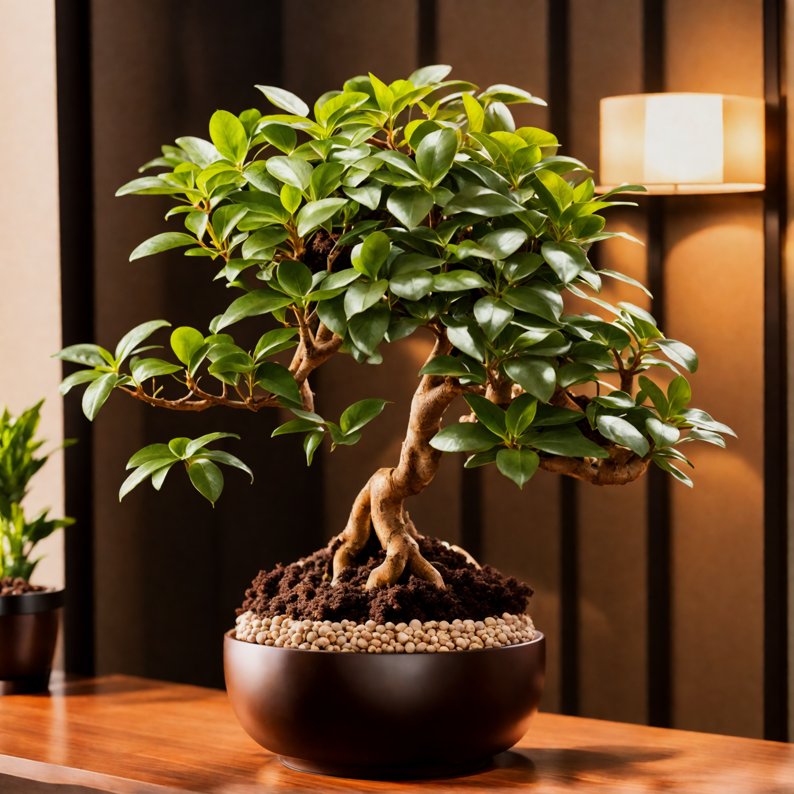 Ficus microcarpa in a brown bowl on a table, with clear lighting and a dark background.