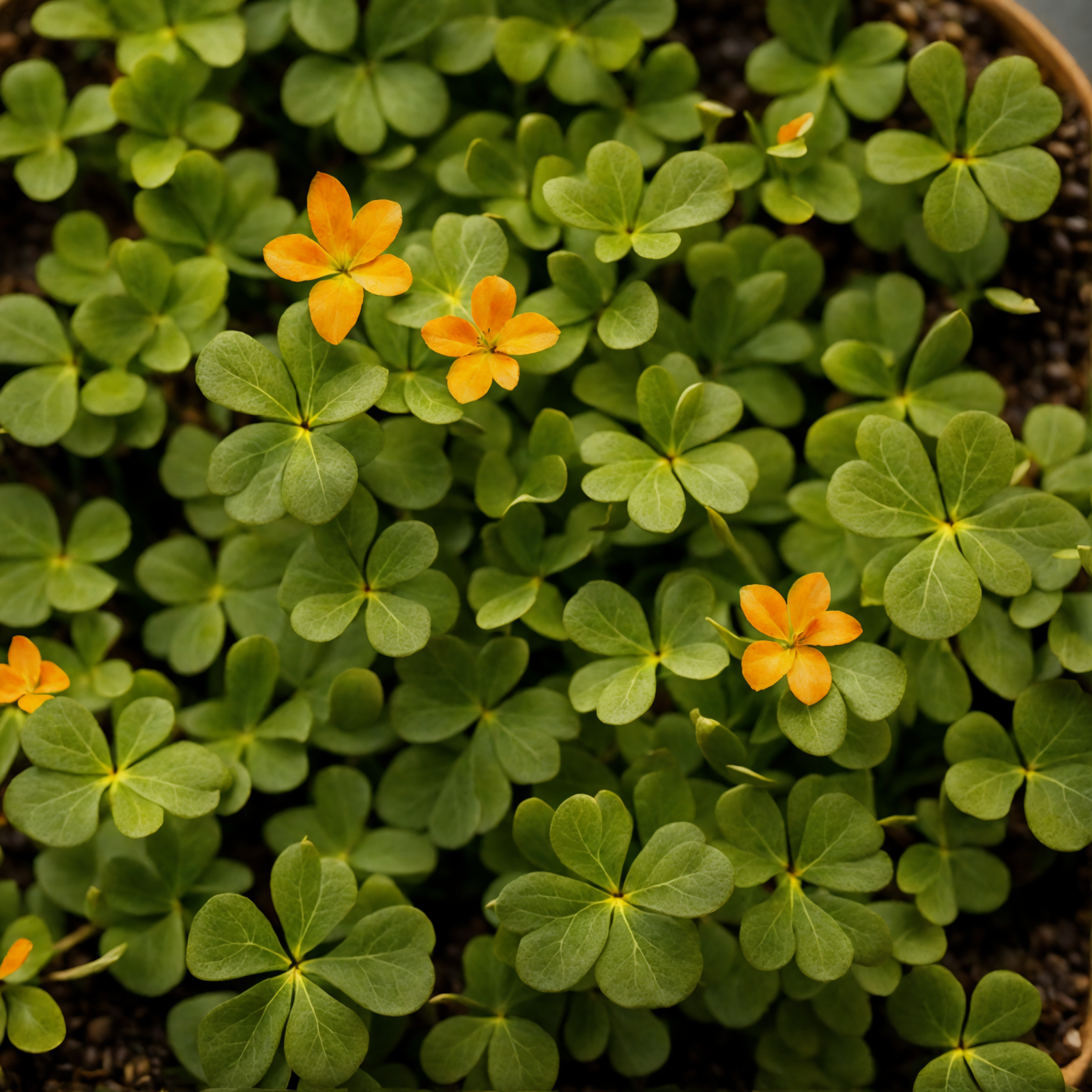 Oxalis corniculata with vibrant yellow flowers and green leaves, indoor setting, clear lighting, dark background.