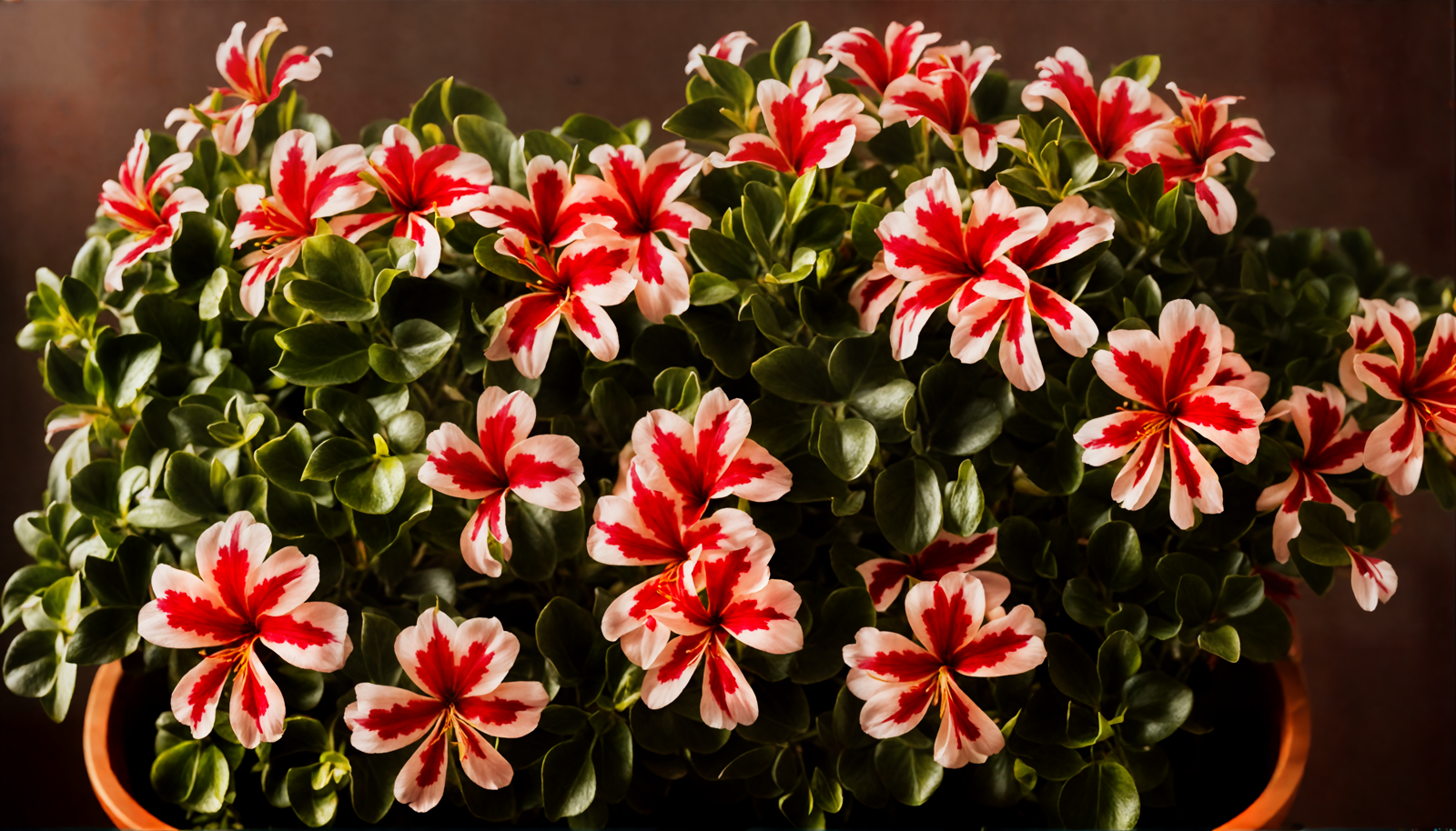 Vivid red and white Pelargonium peltatum flowers in a vase, with clear lighting against a dark background.