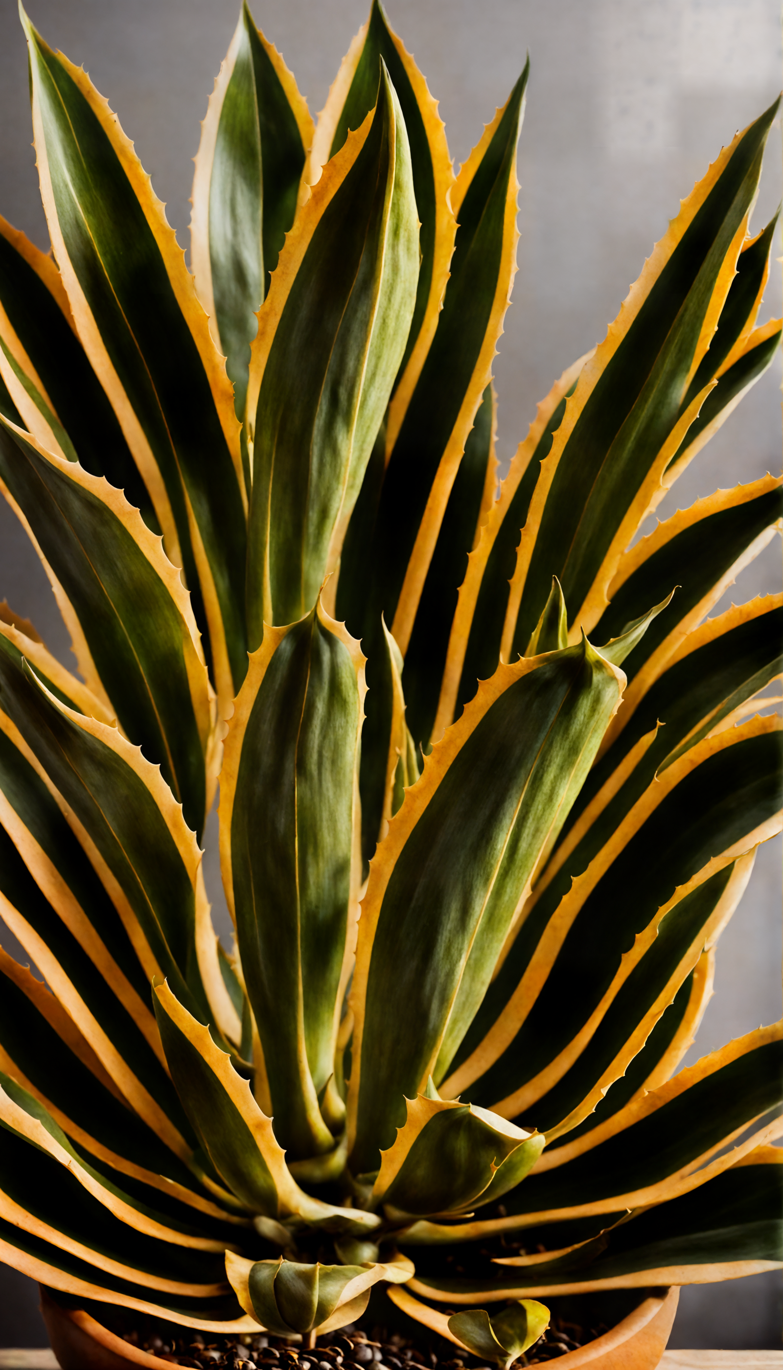 Agave americana plant with thick leaves in a planter, clear lighting, against a dark background.