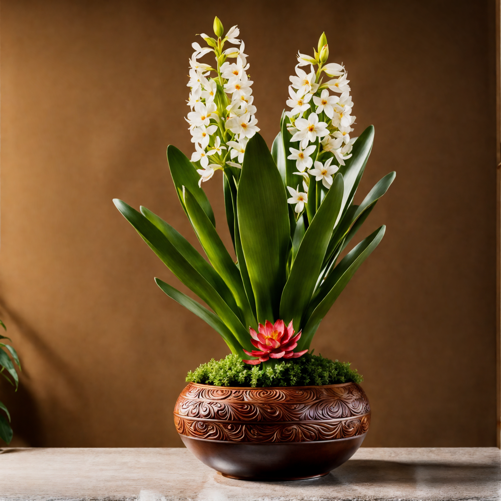 Two Hyacinthus orientalis flowers in a brown bowl on a wooden table, with clear, neutral lighting.