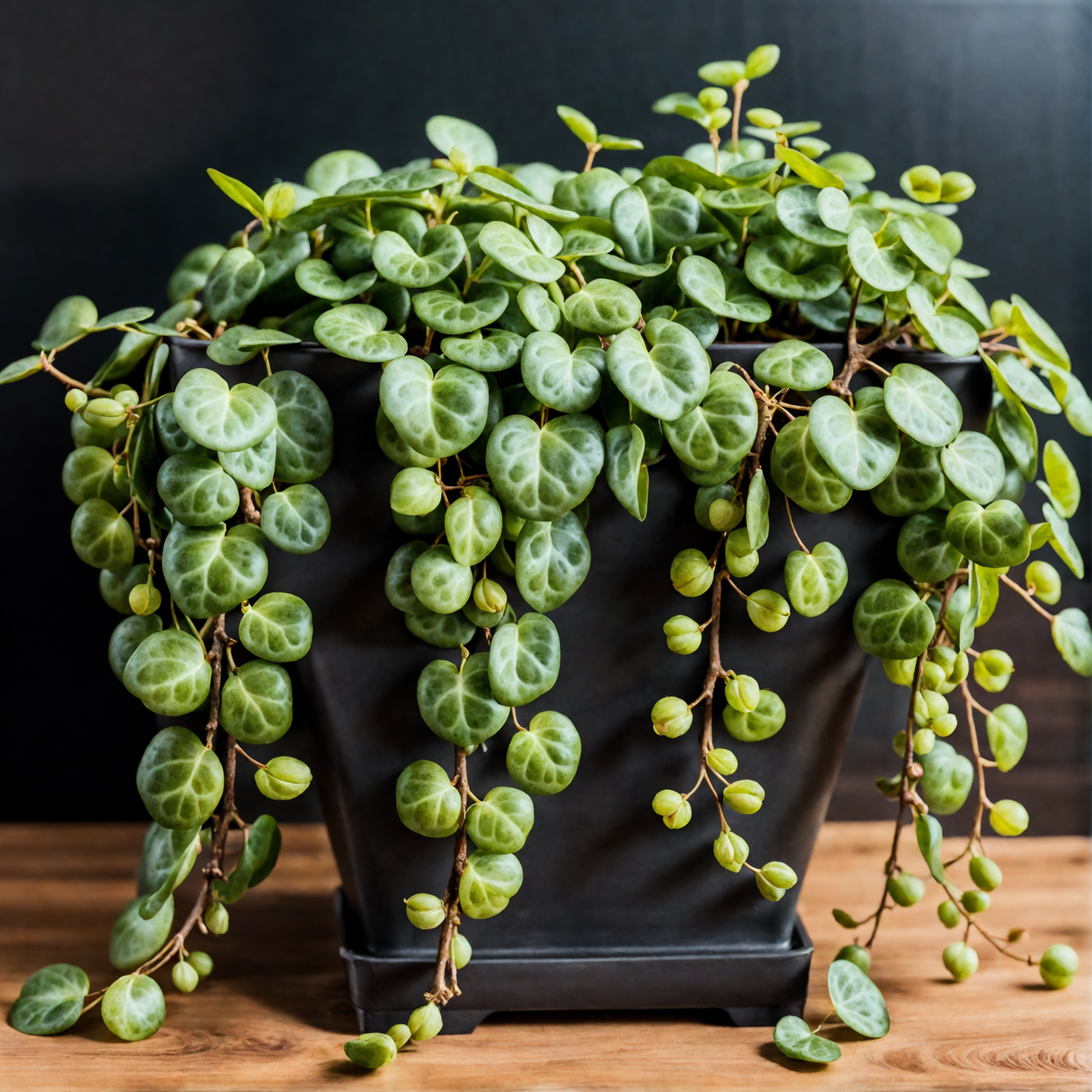 Peperomia prostrata with round leaves on wood, clear lighting, neutral tones, dark background.