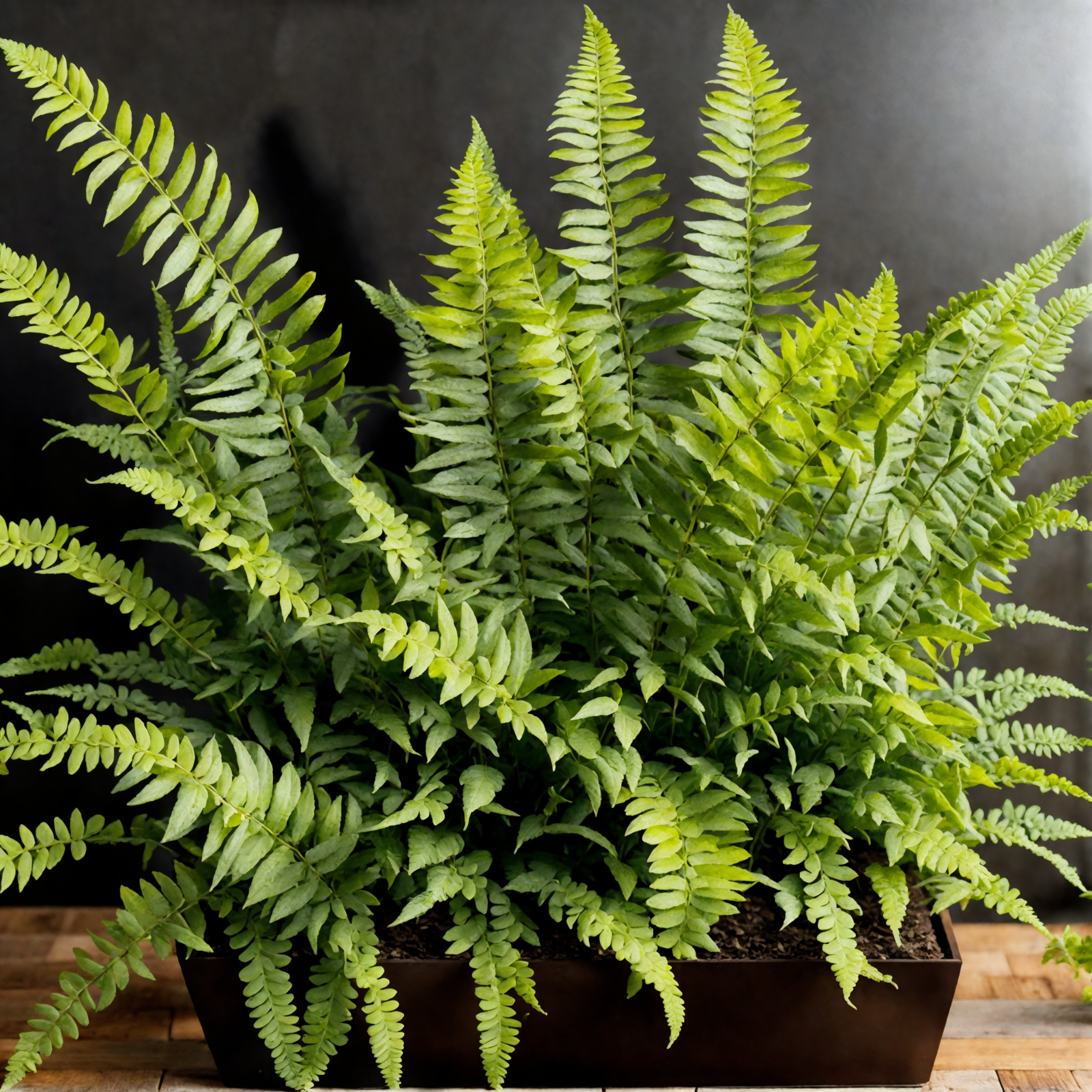 Nephrolepis cordifolia ferns in a planter on a wood floor, with clear lighting and a dark background.