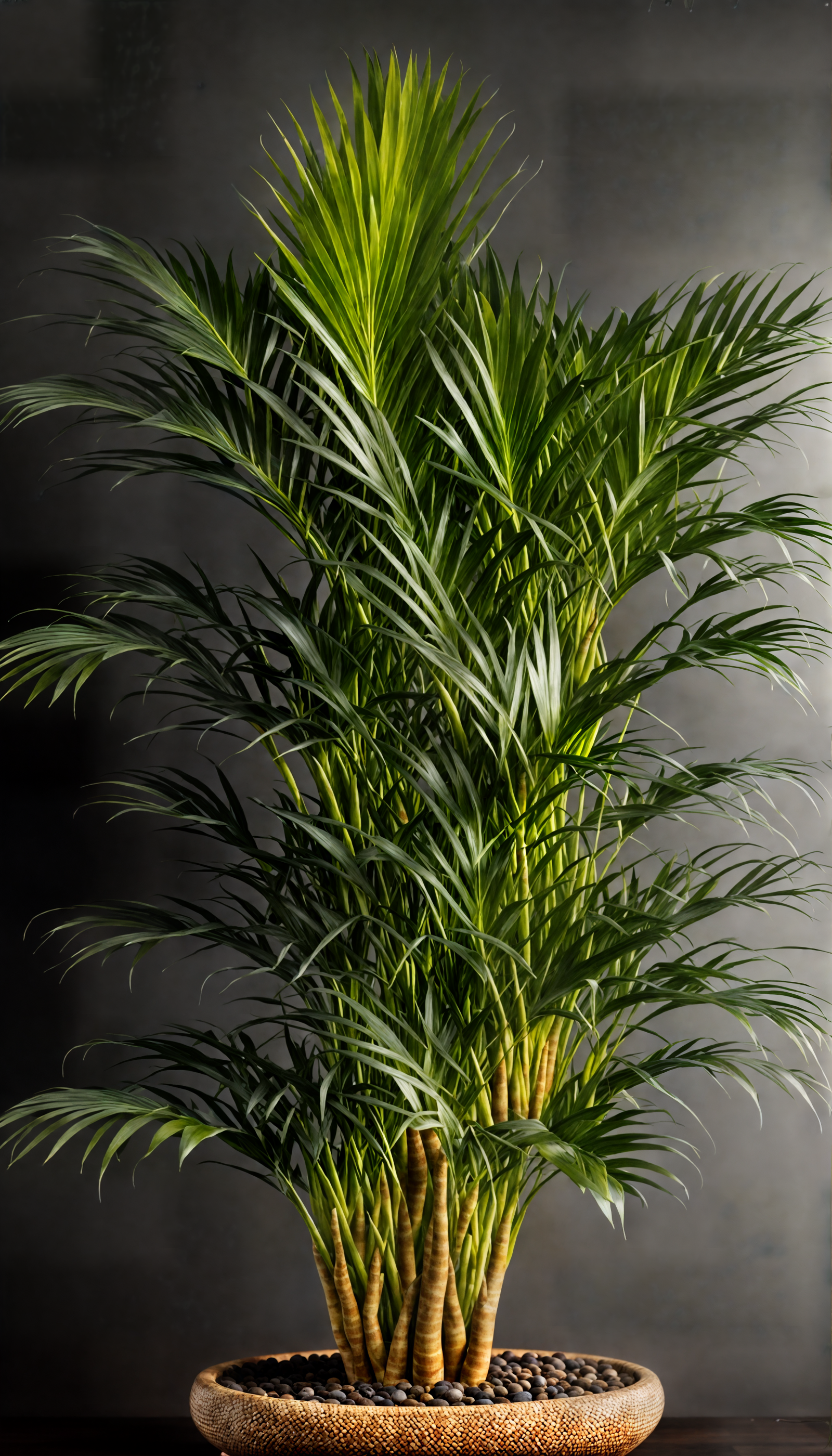 Dypsis lutescens (Areca palm) in a brown planter against a dark background, with clear, realistic lighting.