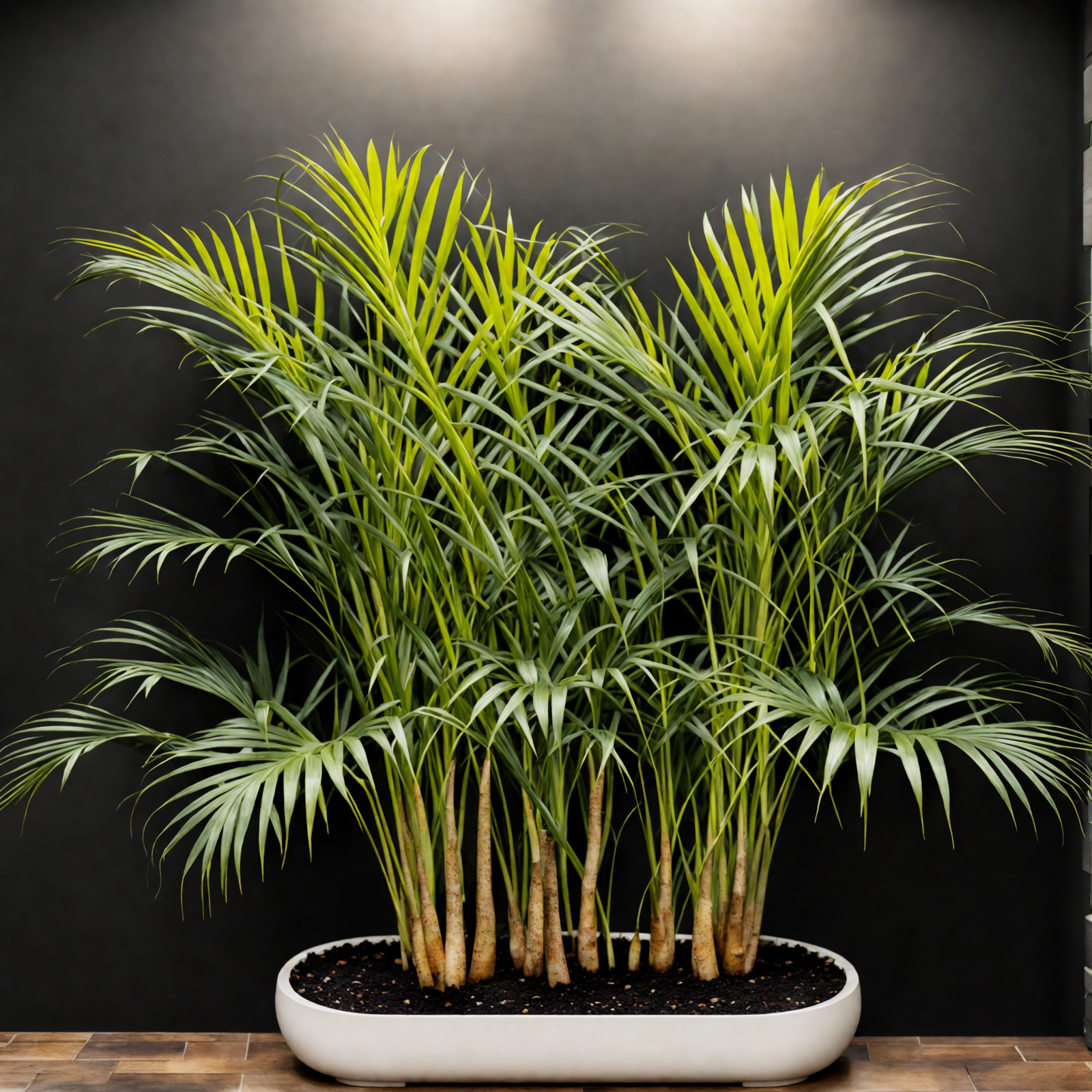 Dypsis lutescens in a vase on a wood floor, with clear lighting and a dark background.