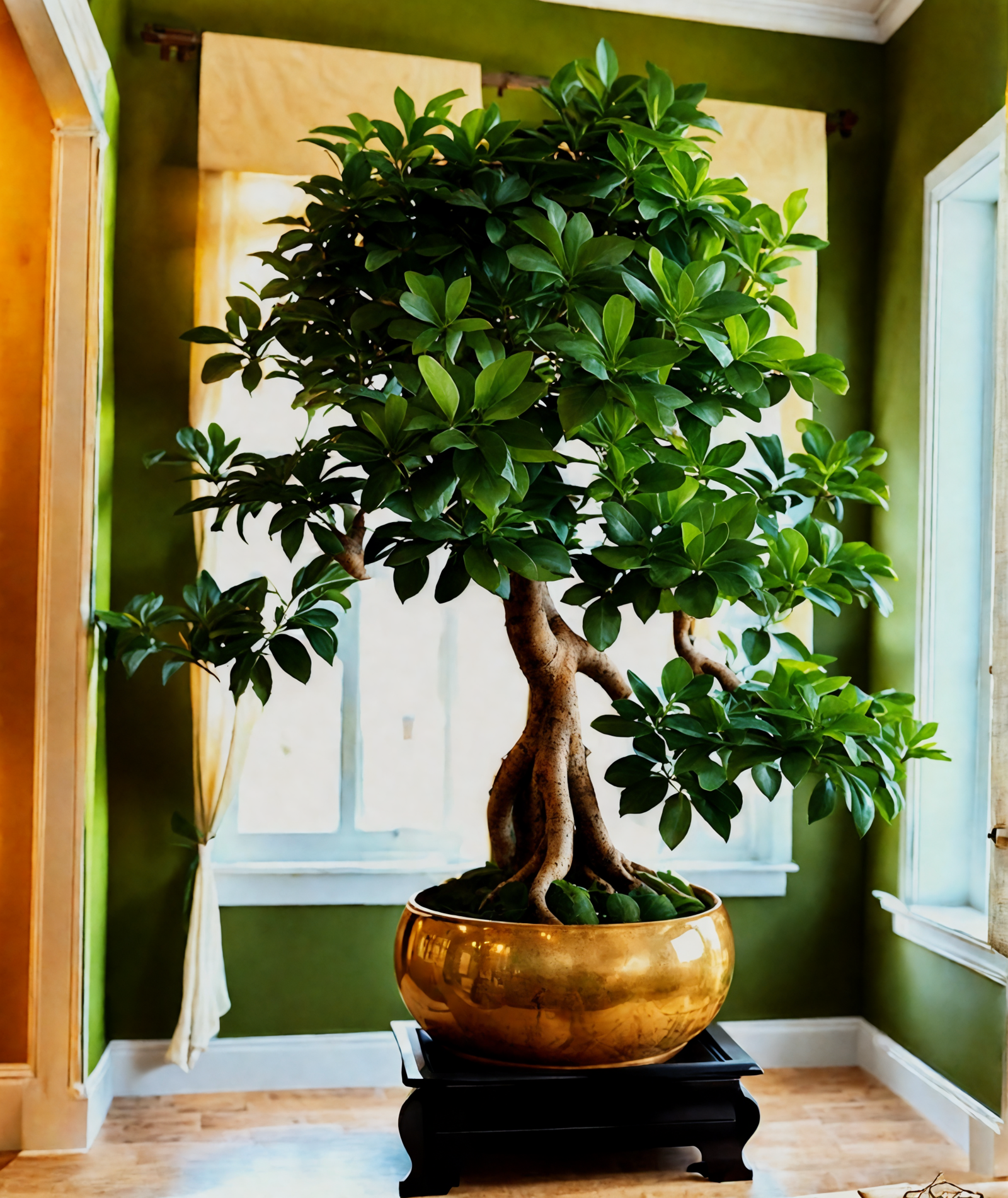 Ficus microcarpa in a large brown vase, with more plants on the floor, in a rustic-style room.