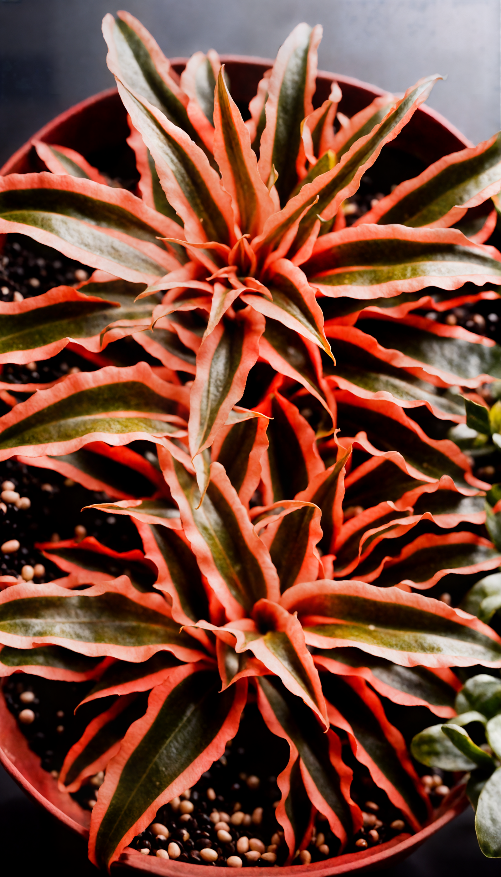 Cryptanthus bivittatus with striped leaves in a red bowl, clear indoor lighting, against a dark background.
