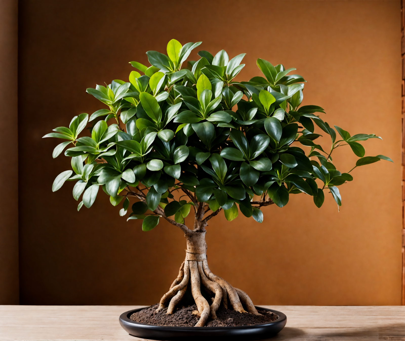 Ficus microcarpa in a bowl planter on a wooden table, with clear lighting and a dark background.