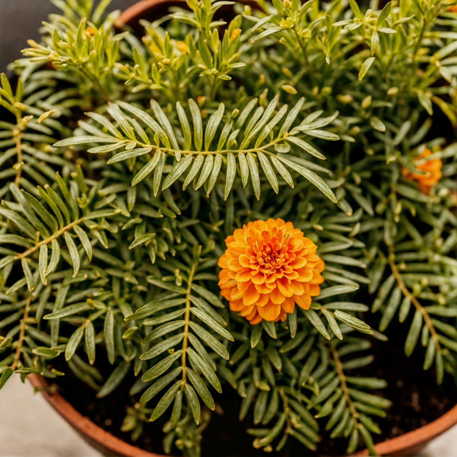 Vibrant yellow Tagetes erecta flowers in a bowl, with foliage in the dark background, clear indoor lighting.