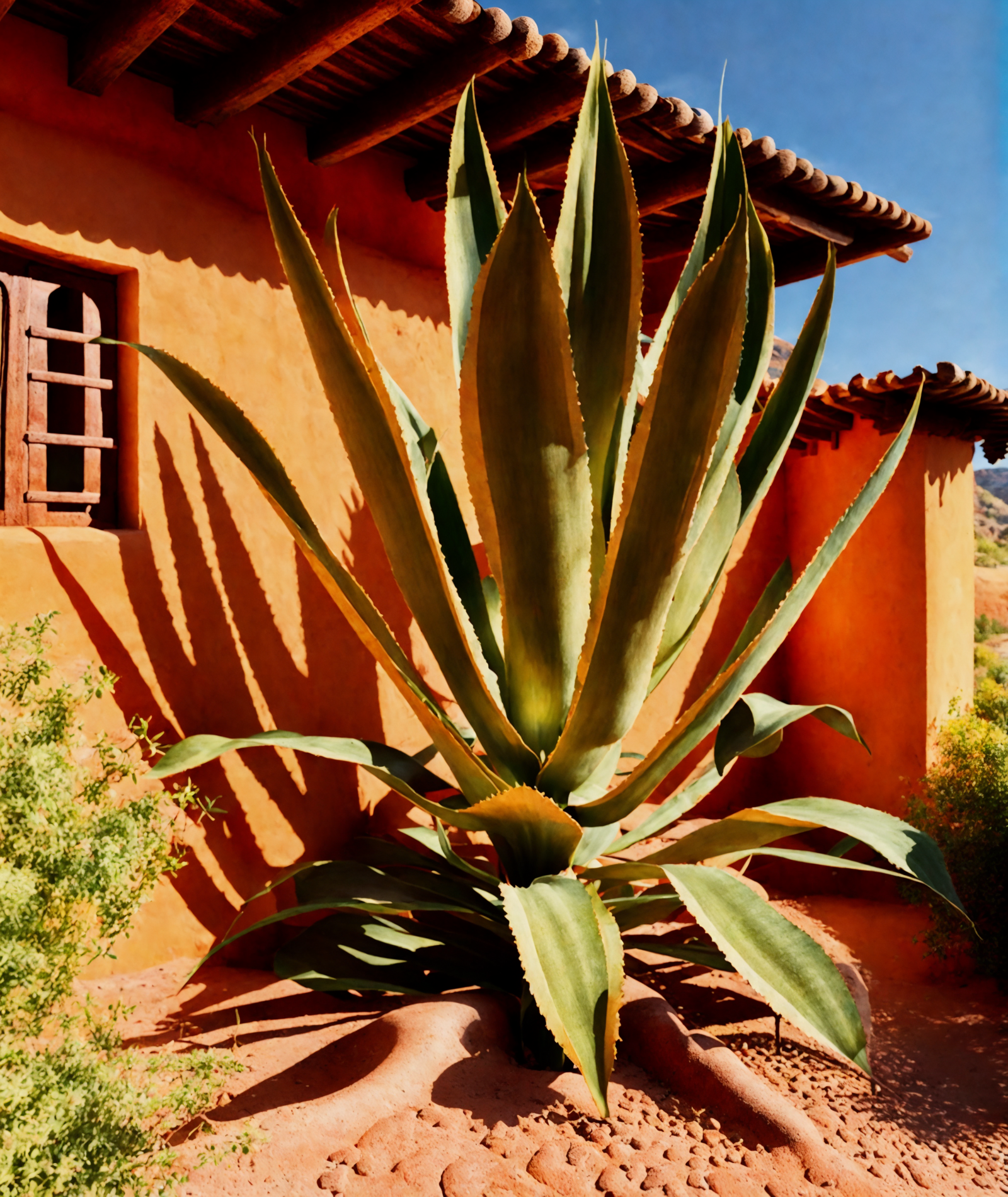 Agave americana plants beside a Mexican-style house, basking in bright sunlight on desert soil.